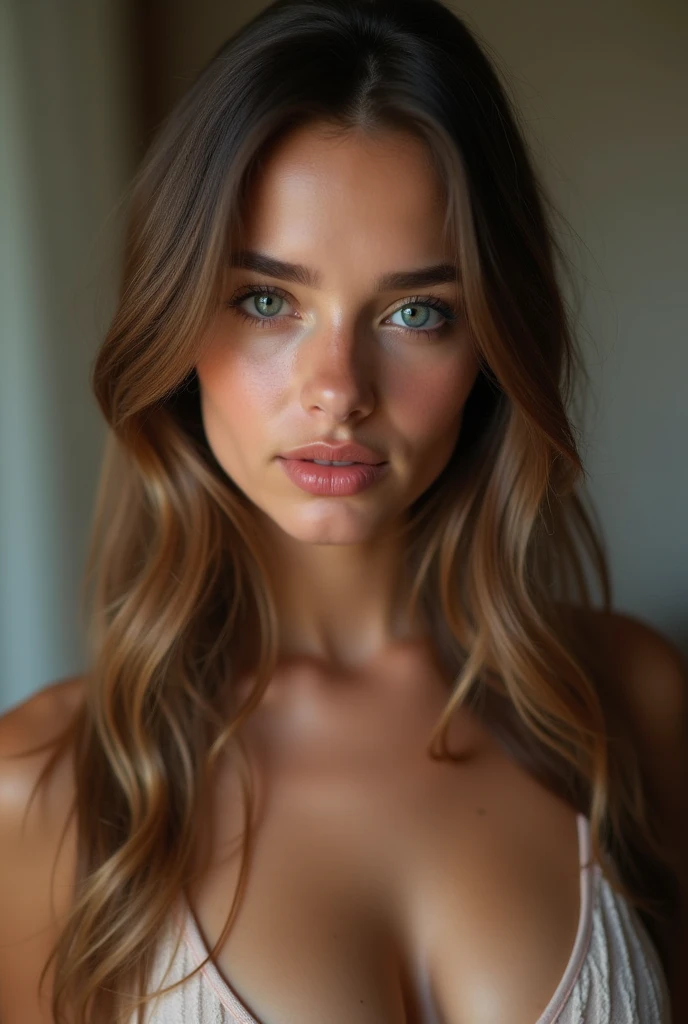 Arafed Femme nue en entier, Fille sexy aux yeux verts, Portrait Sophie Mudd, cheveux bruns et grands yeux, selfie d'une jeune femme. Sans maquillage, ses yeux verts perçants et ses cheveux bruns naturels brillent sous la lumière dorée du soleil. Elle capture l’instant avec un selfie, dans son lit. L'arrière-plan montre la chambre.