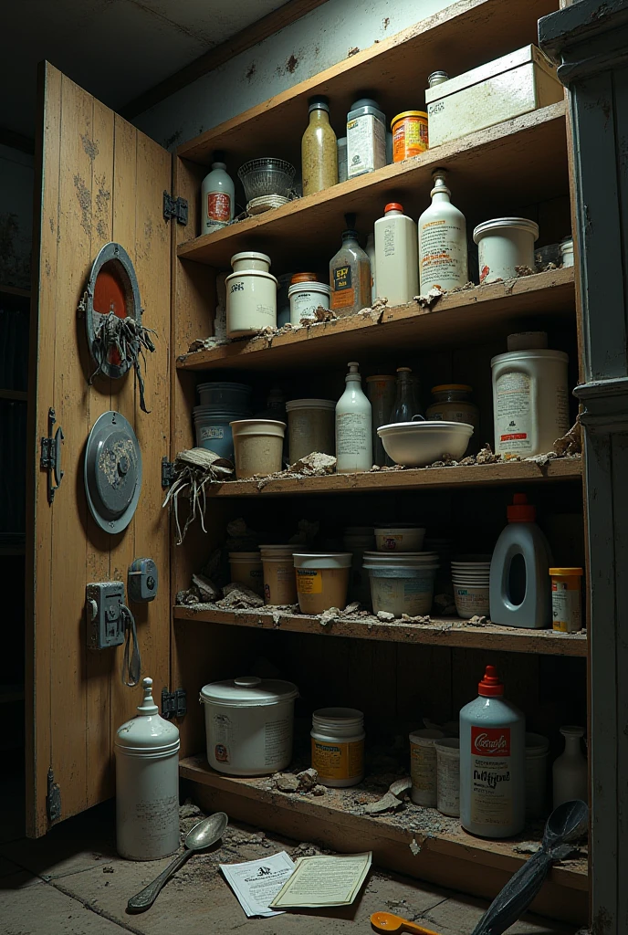 clutter, trash, purple hoses, cans, tools, light bulbs, cardboard boxes, wooden shelf, random items, disorganized storage, dark, low key, spot lighting, snow, various objects