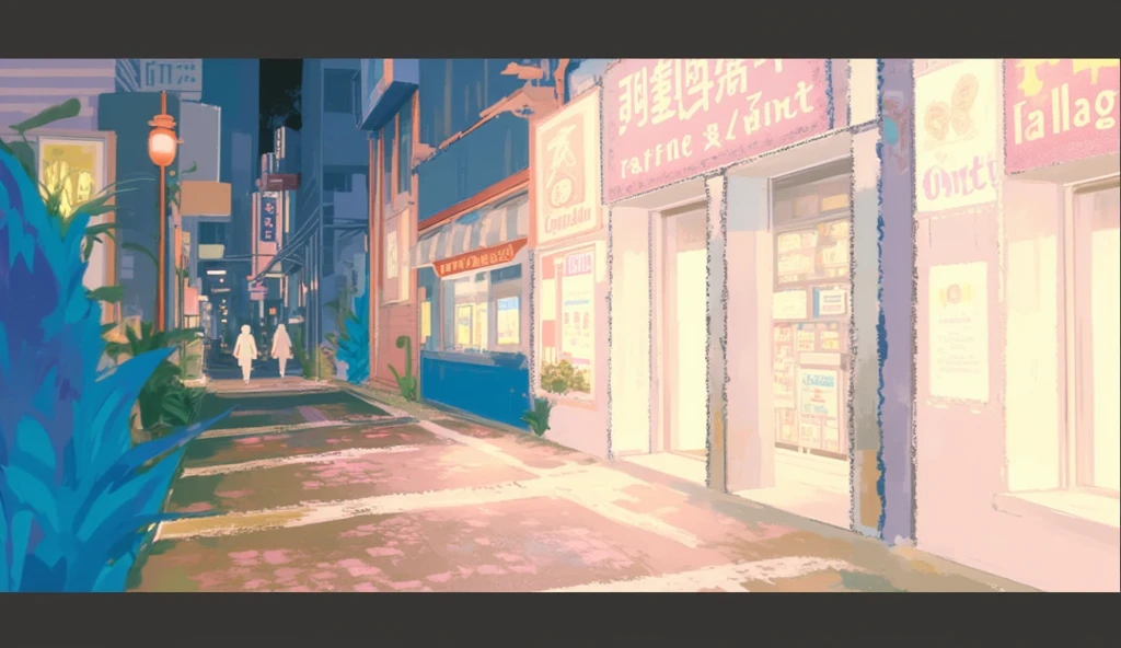 Night view street,Clear perspective structure,Strong sense of light ,Powder blue tones, City Street, Premium color scheme ,One Point Perspective, best quality,Popular works, high quality