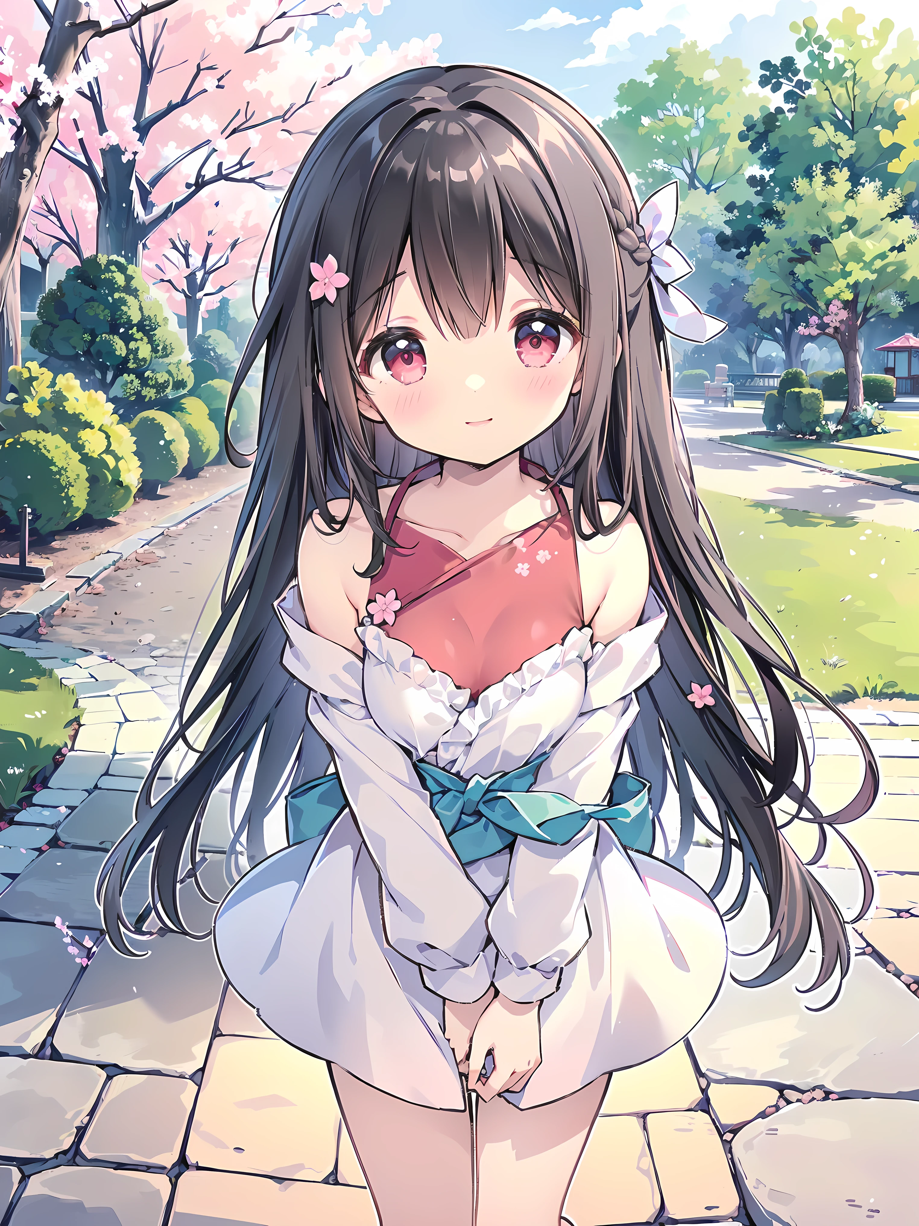 Nardack style lora, (1 girl), (gentle housewife, small girl, B cup size, collarbone, full body, short figure girl, cute and perfect woman, mature aura:1), (masterpiece, best quality, dynamic camera, dynamic view:1.1), ((very long hair, bangs, gentle look, gentle smile, gentle eyes, mature looking, pinkish cheeks, very detailed eyes, very detailed pupils, very detailed ridiculously long black ponytail hair, detailed face, detailed ruby red eyes, detailed long black straight Japanese traditional hair)), (happy gentle face, warm smile, blushing red cheeks:1.2), (casual clothes, on date, in the park, sakura tree walkway:1.35), (reaching both hands forward, arms wide open, inviting embrace, perspective from first person point of view, warm and welcoming body language:1.5)
