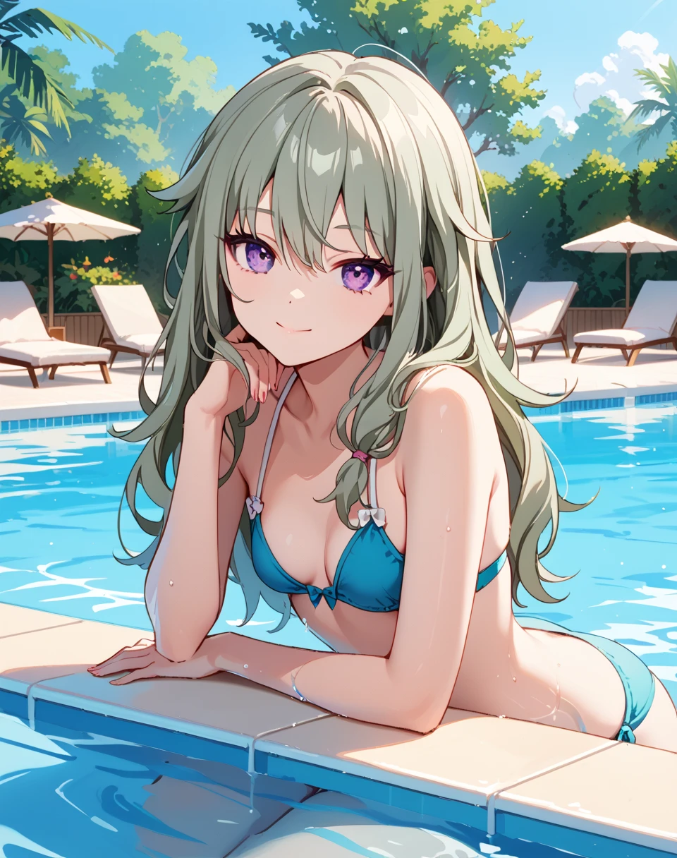 anime, cute girl, long silver hair, lounging by the pool, green eyes, sexy purple bikini