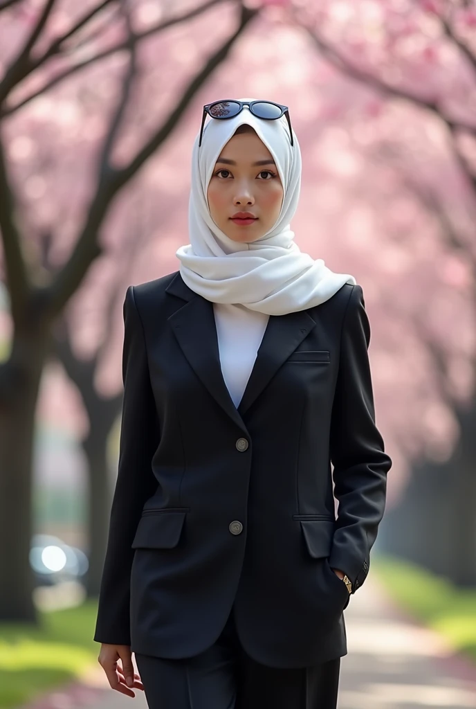 Beautiful Korean Women , smooth white skin, well-groomed face, white hijab,wearing a modern office blazer suit .warna black,White shirt, berhijab black,jam tangan black .kaca mata black, Cool, white sneakers,faint smile .berpose turun dari airplane ladder .,holding a colored handbag,black .open plane door background,airplane ladder, Realistic original photo.
