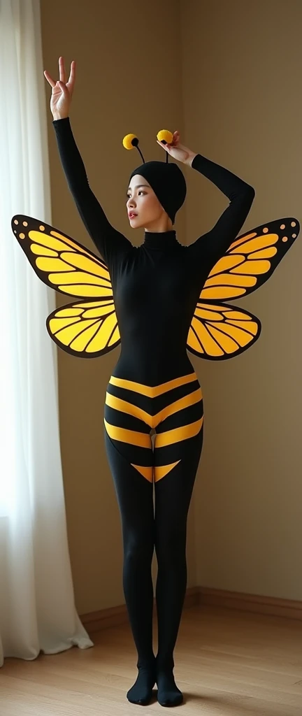 the beautiful,slender thin and prettiest Asian muslimah adult girl with beautiful cheeks wears yellow bee lycra turtleneck unitard catsuit covered with seamless bee stripes with a pair of bee wings and always wear bee lycra elastane stretchy dance wear hijab covered with seamless stripes with antennae.She is in the appartment to smell the honey cake!
