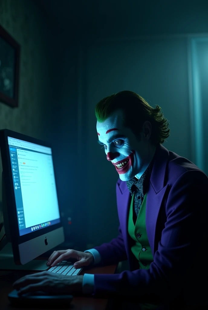Joker sitting and laughing looking at the monitor of a gaming PC with a position that has a better view of the monitor from behind
