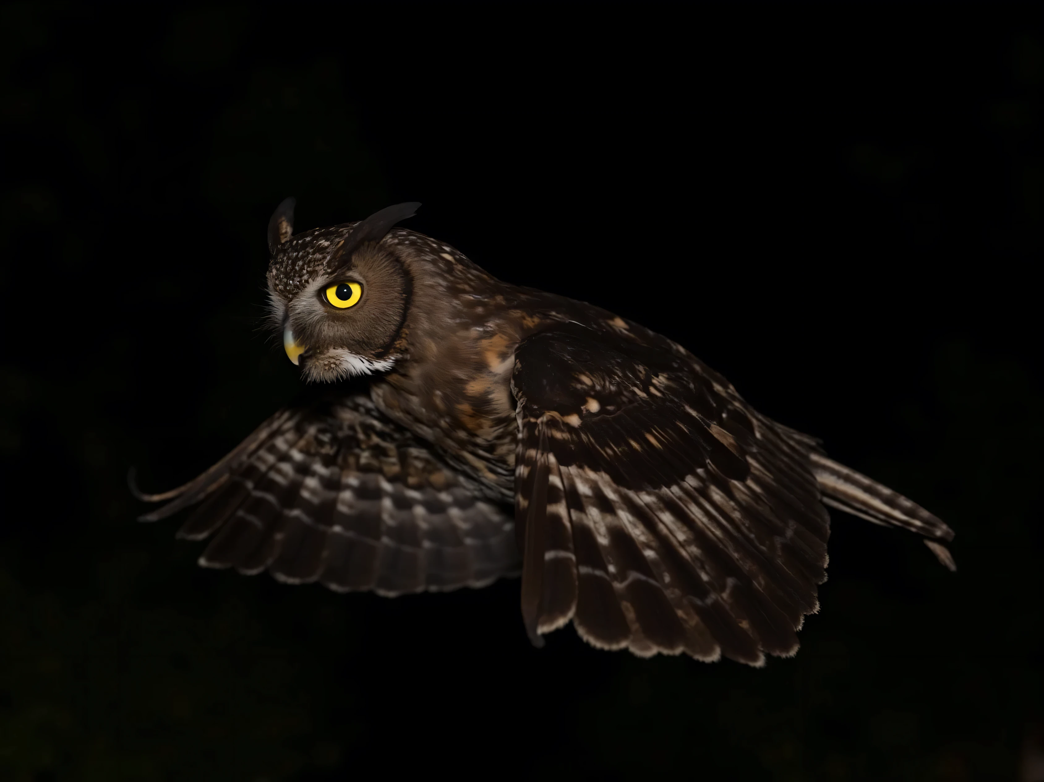 Extreme Close up, A detailed photographed owl at night, which is fixated on its prey in flight , 8K photorealistic, insanely high detailed