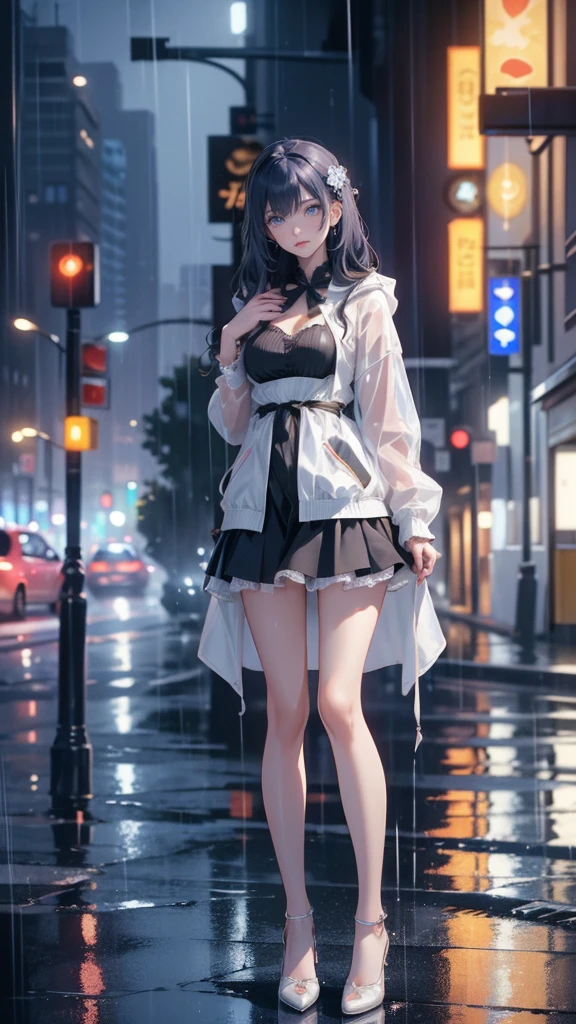 (masterpiece, top quality, best quality, official art, beautiful and aesthetic:1.2), 1girl, solo, expressionless,black hair, standing in street, outdoors,night,lamppost, garters, rain,wet,looking at viewer,Plastic raincoat, Translucent material,Functional sense,see-through,<lora:Plastic coat_20230530052249:0.8>, <lora:chinaDollLikeness_v10:0.3>