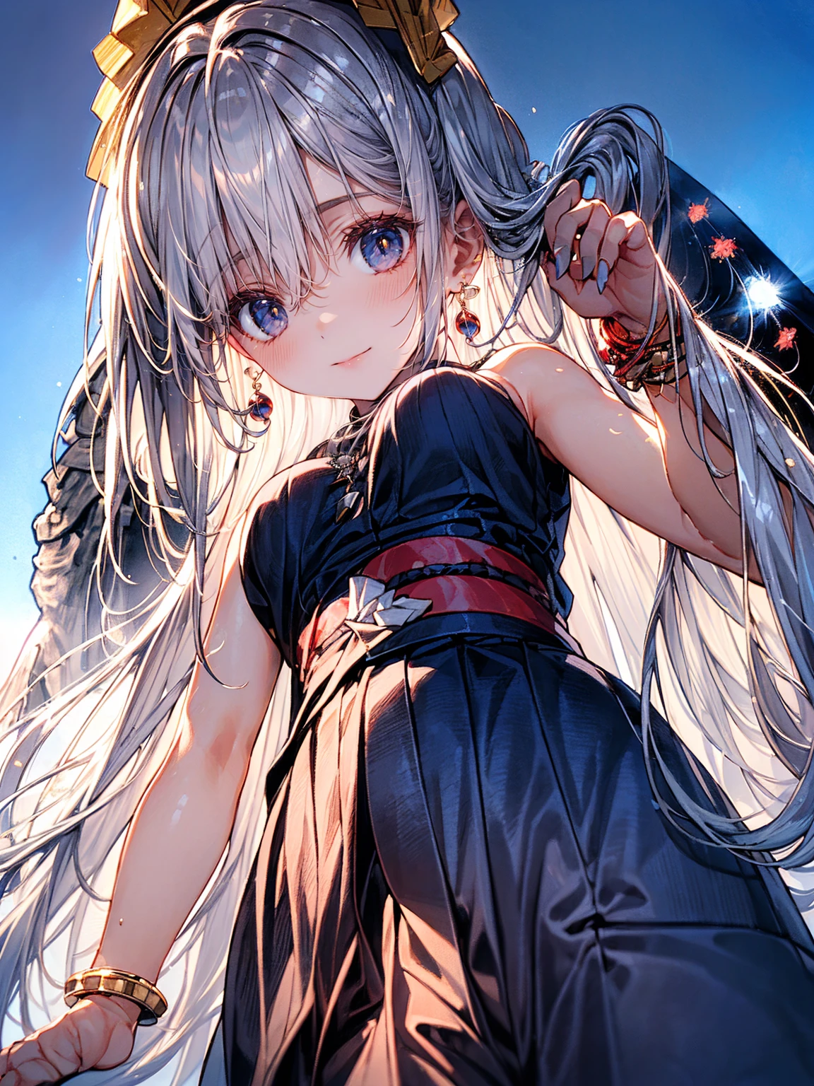 professional_artwork,best_quality,(silver and gold theme:1.3),1girl,solo,(badass,cold,mature_female:1.2),closed_mouth,((Detailed)), ((Masterpiece)), ((Impressive)), ((Elegant)), ((Mind-blowing)), ((Phenomenal)), anime, Shojo, Drama, digital artwork, Digital masterpiece, Digital masterpiece, Digital illustration, neon light, Neon illumination, Electrifying light, Vibrant glow, 35mm, Panoramic view,Illustration,Cover,enigmatic figure,crystals adorning hair,dreamlike swirl,pastel hues,soft light,evoking calm serenity and elusive beauty,Non-representational,colors and shapes,expression of feelings,imaginative,highly detailed,shoulder_sash,gold_skirt,silver_trim,grey_eyes,fingerless_gloves,headwear,close-up,looking_at_viewer,sitting,from_side