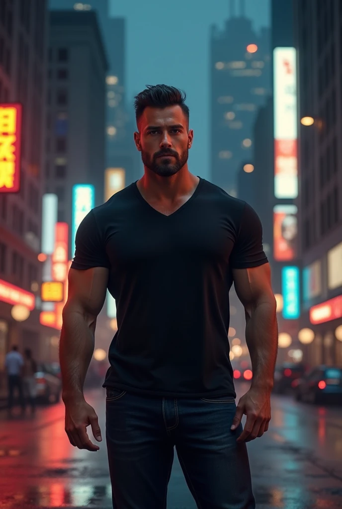 masterpiece, best quality, high resolution, closeup portrait, full body, male focus, solo focus, muscular, burly, hairy, male, (no shirt: 1.2), A handsome man, with robot body parts, in a cyberpunk city, neon lights, blurred background, scruffy face, arrogant smirk, amazing composition, front view, HDR, volumetric lighting, ultra quality, elegant, highly detailed