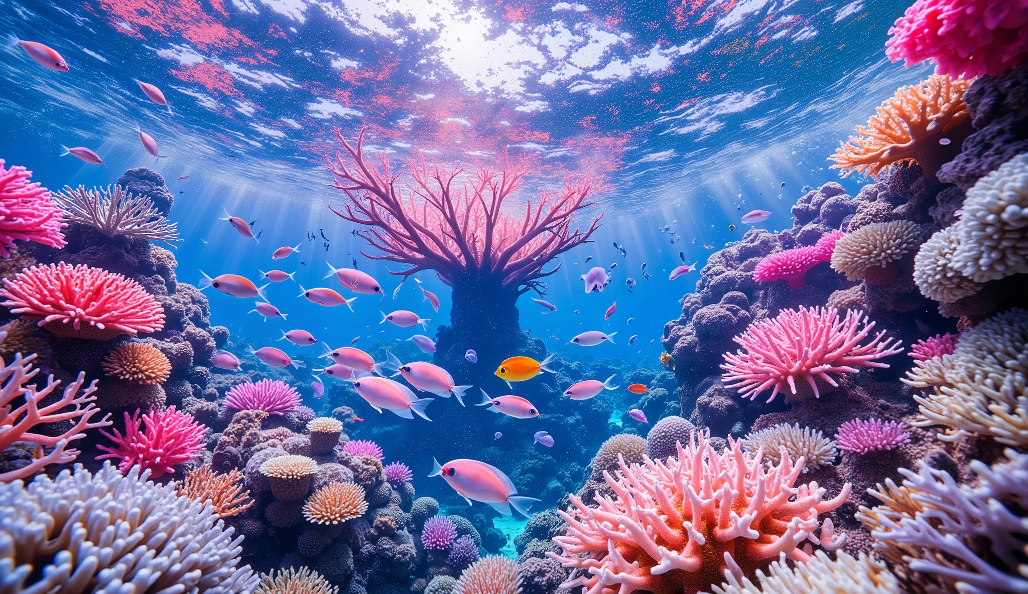 (In the water), Undersea heaven ,((very many fluorescent green giant table corals)),(( coral reefs with dense hard corals and soft corals )),Realistic Expression , shot with a fisheye lens  ,(( Multiple Fluorescent Green Corals )), (( are filled with 10,000 natural coral groups with lots of extremely colorful colors)),  array of vibrant colors ) , ( best quality , high resolution:1.2), (In the water photography), ( lively), (  soft diffused lighting  ), Orchestra of Highly Coloured Corals, Vast Seas ,Coral Reef,
