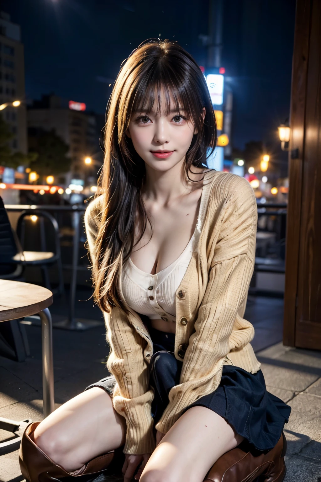 one girl, ( full body shot ),(employment.repair:1.4)、( white collar shirt:1.4), ( cardigan:1.3),( Long Skirt:1.3)、( wearing stylish boots:1.4)、( RAW photo, best quality ), ( realistic, photorealistic:1.4), ( hair is disheveled , asymmetrical bang, dark brown hair , ponytail:1.3),smile、 so delicate and beautiful, 非常に Detailsな, 8k wallpaper, wonderful, Details, 非常に DetailsななCG Unity, high resolution, Soft light, Beautifully decorated 19 year old girl, 非常に Detailsなな目と顔, nose with beautiful details, beautiful details,Cinema Lighting, night view, Perfect Anatomy, slender body, , Erection under clothes