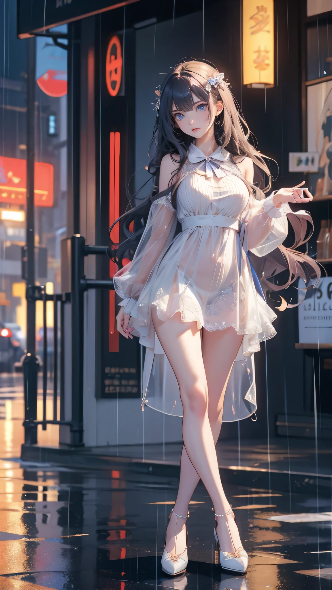 ( masterpiece , high definition, high resolution) full body, light eyes and delicate and beautiful face , long wavy hair on your shoulders . ultra detailed , beautiful breasts and hips , Beautiful legs . A pretty girl in the city on a rainy day wearing a , raincoat with her hood.