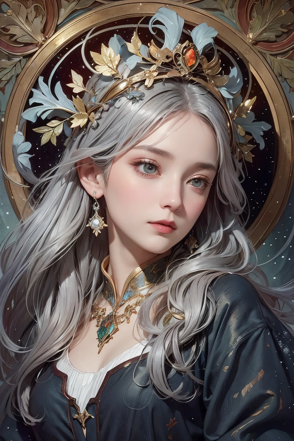 Ultra-detailed drawing of a girl done in alcohol ink, stress-free mixed media masterpiece, (almost straight medium length silver-grey hair), focus on face, ((close-up)), bright and serene expression, hazel eyes, shiny skin, glossy lips, (winter clothes with rustic design), (slim figure), fine details, soft shadows, decorative panel, intricate details, line drawing, winter garden, mid-winter twilight, falling snow, trees with dead leaves, (Alphonse Mucha composition style), (old and faded colors, very dark image quality), Art Nouveau frame decorated with snowflakes, use of outlines, clean line drawing, simple line drawing style, Art Nouveau-inspired decoration, [Junk Journal, Greg Simkins, Mark Davis, Oliver Jeffers, Andy Kehoe] style, bright and strong primary colors used as accents, golden accents, Art Nouveau accents, New Year atmosphere, gorgeous winter flowers, 