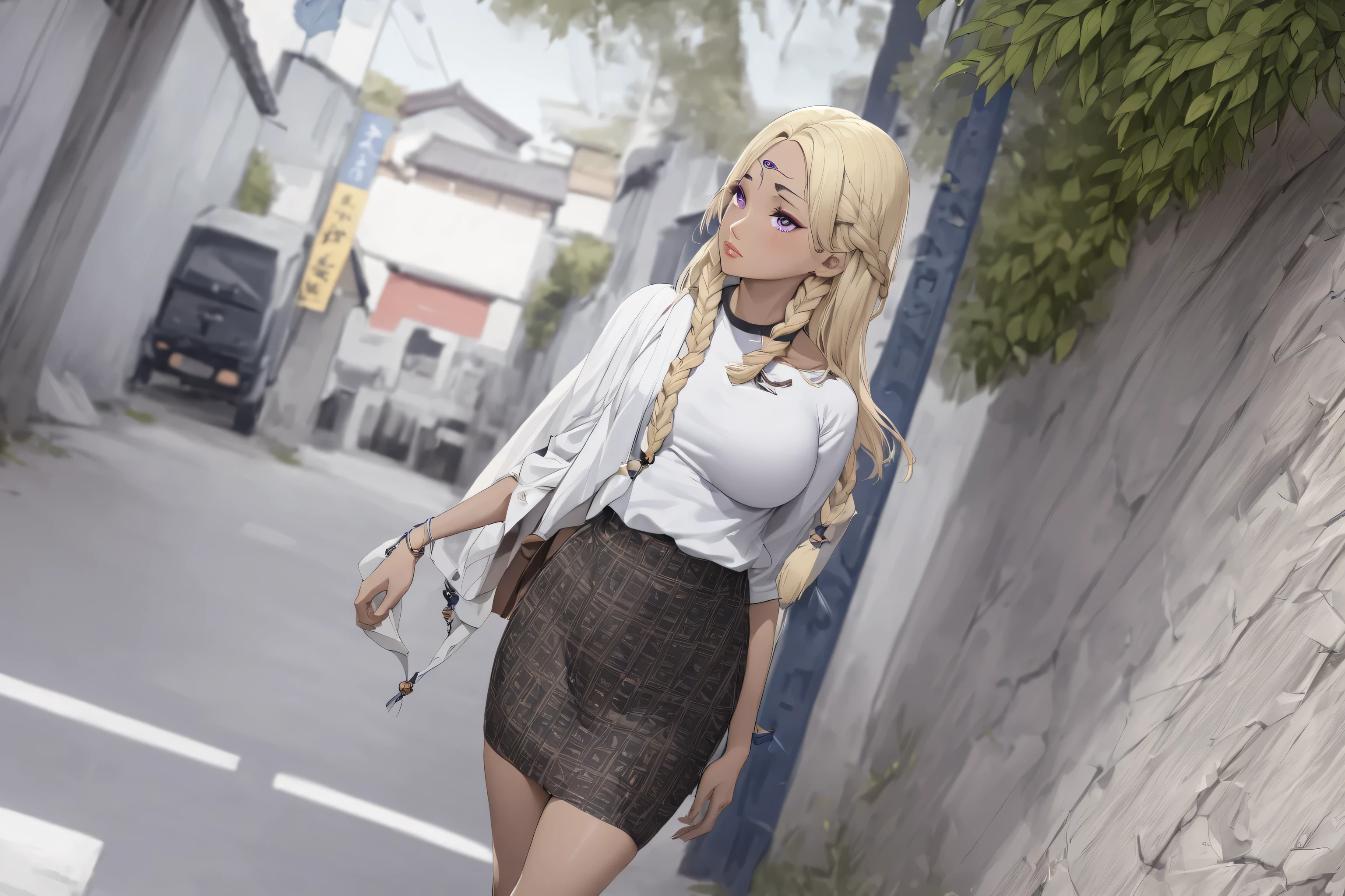 masterpiece, absurdres, detailed, extra details, extremely detailed, 1 girl, solo, mature female, perfect composition, detailed lips, big breast, beautiful face, body proportion, realistic face and body, real, pale skin, gorgeous thighs, goddess body, stunning breasts, (long blond hair with two braids :1.2), (golden hair:1.2), (nsfw:0.7), (nudity:0.7), eupha cosplay, eupha from refantazio, (large purple eyes), small face, shy, loving look, fix face, long hair, blonde hair, braid, (dark skin:1.2), (one horizontal third eye on the forehead), anime, head facing camera, the eye on the forehead is anatomically correct, streets of Japan, garden background