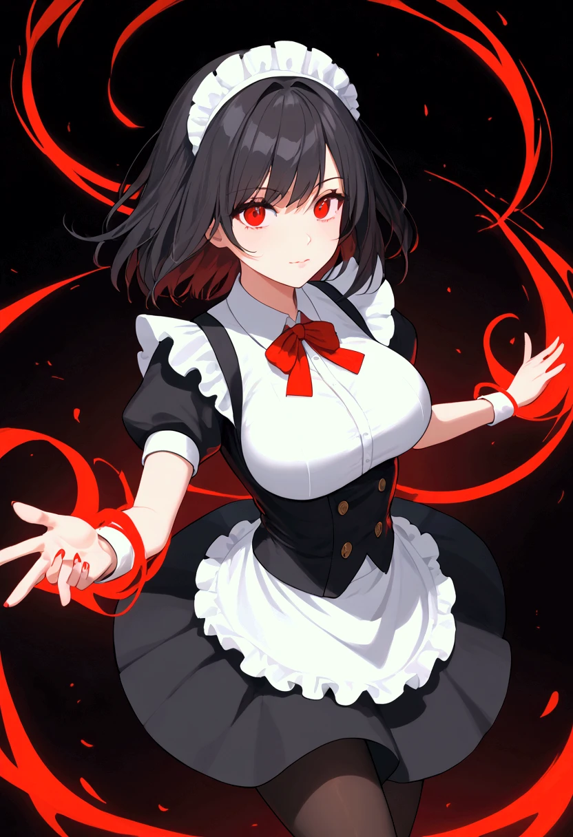 supreme-calamitas, angry closed-mouth, angry pouting, maid outfit, maid bonnet, angry blushing, bright red blush, grey skin,  gray skin, grey colored skin,  gray colored skin, surrounded by red fire, covered in red fire, volcanic background, magma background, red fire background, thicc, black leggings, 2 short white demon horns, 2 short anime demon horns white, black leggings, 2 short white demon horns, 2 short anime demon horns white, 2 white anime demon horns short, grey skin,  gray skin, grey colored skin,  gray colored skin, anime eyeliner, anime character eyelashes, arms-crossed, crossed arms, arms crossed, breasts exposed, exposed breasts, boobs out, chest out, tits out