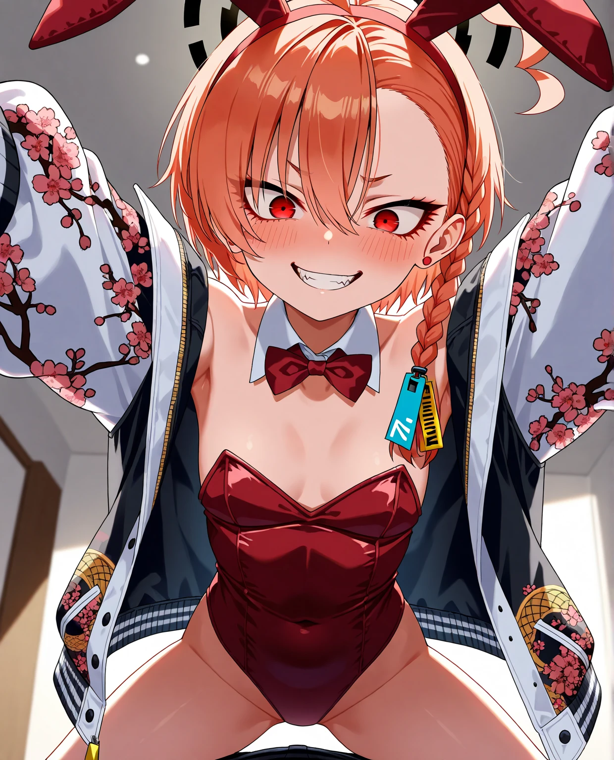 ((masutepiece, Best Quality, hight resolution, nffsw, Perfect Pixel, depth of fields, 4K, )), 1girl in, Solo, , Beautiful anime girl, Beautiful Art Style, close up, Looking at Viewer, Perfect body, Yuigahama Yui, Short hair, pink hair, hairbun, (large boob), full body fishnets, smiling, winking, one eye open, hands on hips, blank white background, cowboy shot