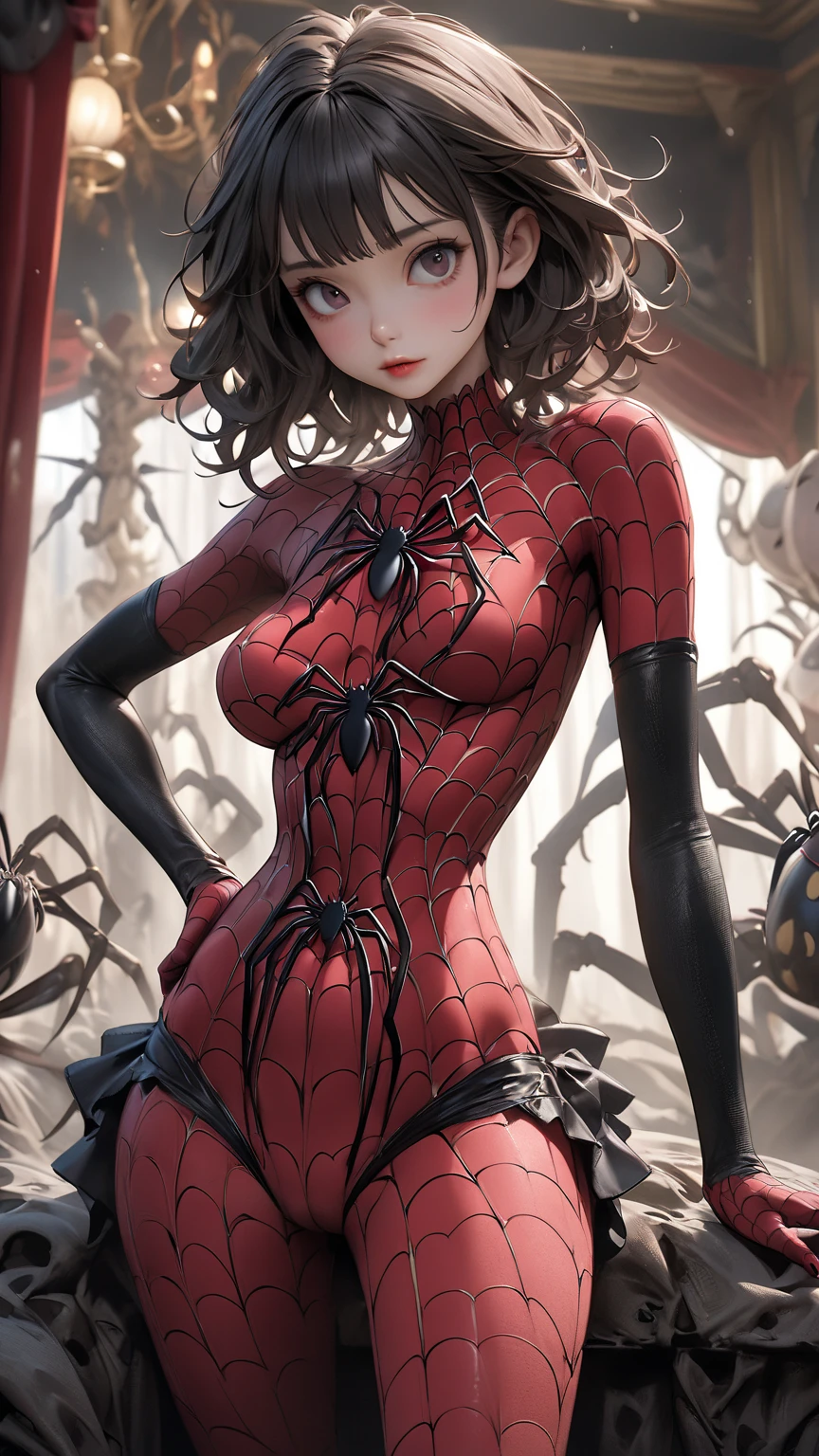 (photorealistic:1.8, highest quality:1.8,8K masterpiece:1.8,High resolution,muste piece:1.8,RAW Photos,cinematic lighting),
cyber punk、spider girl、(alternative、dull tone、calm tone:1.3)(1 beauty、Beautiful face in every detail:1.3)(High leg red black spider tight suit:1.7)(Nunja~well-shaped chest、Arachne tattoo on chest、Arachne:1.2) (look back、squat、raise your hand:1.2)(body fluids attached to the body:1.4)spiderweb、The white body contains Arachne threads.。(elation:1.4)、
open your mouth、Disdainful、
plump nipples、(cameltoe),No split screen,slender abs:1.2,(Young sensual gravure idol)