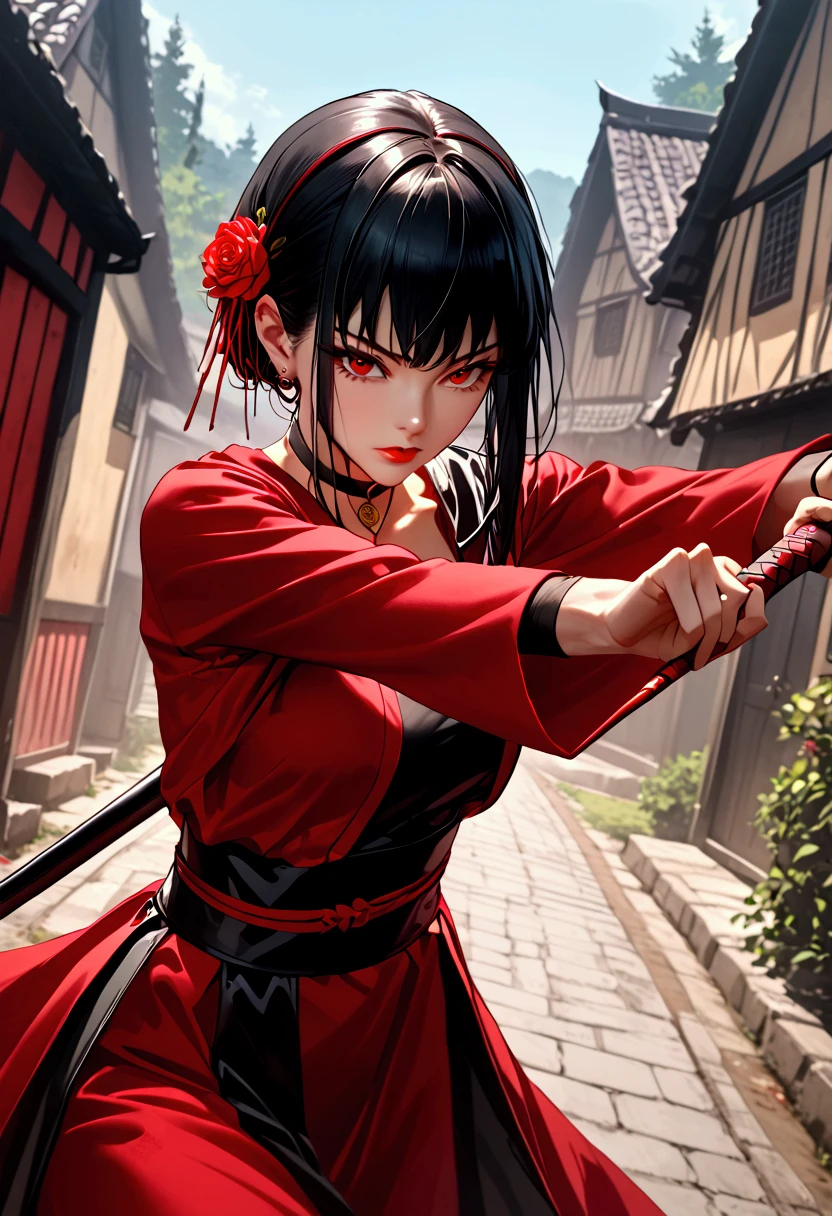 very aesthetic, 걸작, 고해상도, 8k 해상도, high contrast, semrealistic, newest, koreanai, best_quality, finely_detailed_eyes_and_detailed_face, 1 woman, dark_eyes, black_hair, long_hair, parted_bangs, ninja, red ninja clothes, looking at viewer, (dynamic_pose), front_view, half_body_shot, (wearing katana), city, ???????????, cleavage 