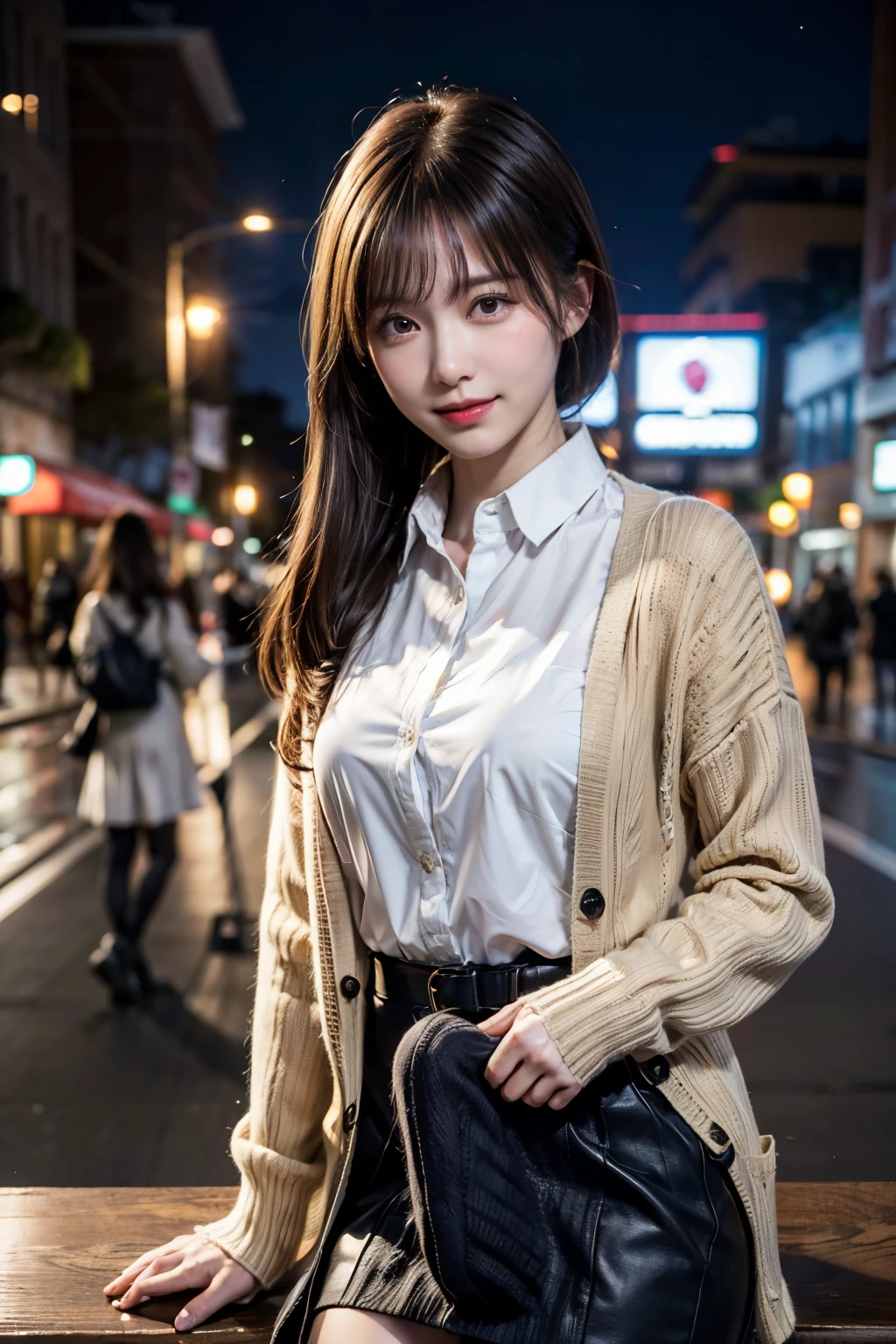 one girl, ( full body shot ),(employment.repair:1.4)、( white collar shirt:1.4), ( cardigan:1.3),( Long Skirt:1.3)、( wearing stylish boots:1.4)、( RAW photo, best quality ), ( realistic, photorealistic:1.4), ( hair is disheveled , asymmetrical bang, dark brown hair , ponytail:1.3),smile、 so delicate and beautiful, 非常に Detailsな, 8k wallpaper, wonderful, Details, 非常に DetailsななCG Unity, high resolution, Soft light, Beautifully decorated 19 year old girl, 非常に Detailsなな目と顔, nose with beautiful details, beautiful details,Cinema Lighting, night view, Perfect Anatomy, slender body, , Erection under clothes