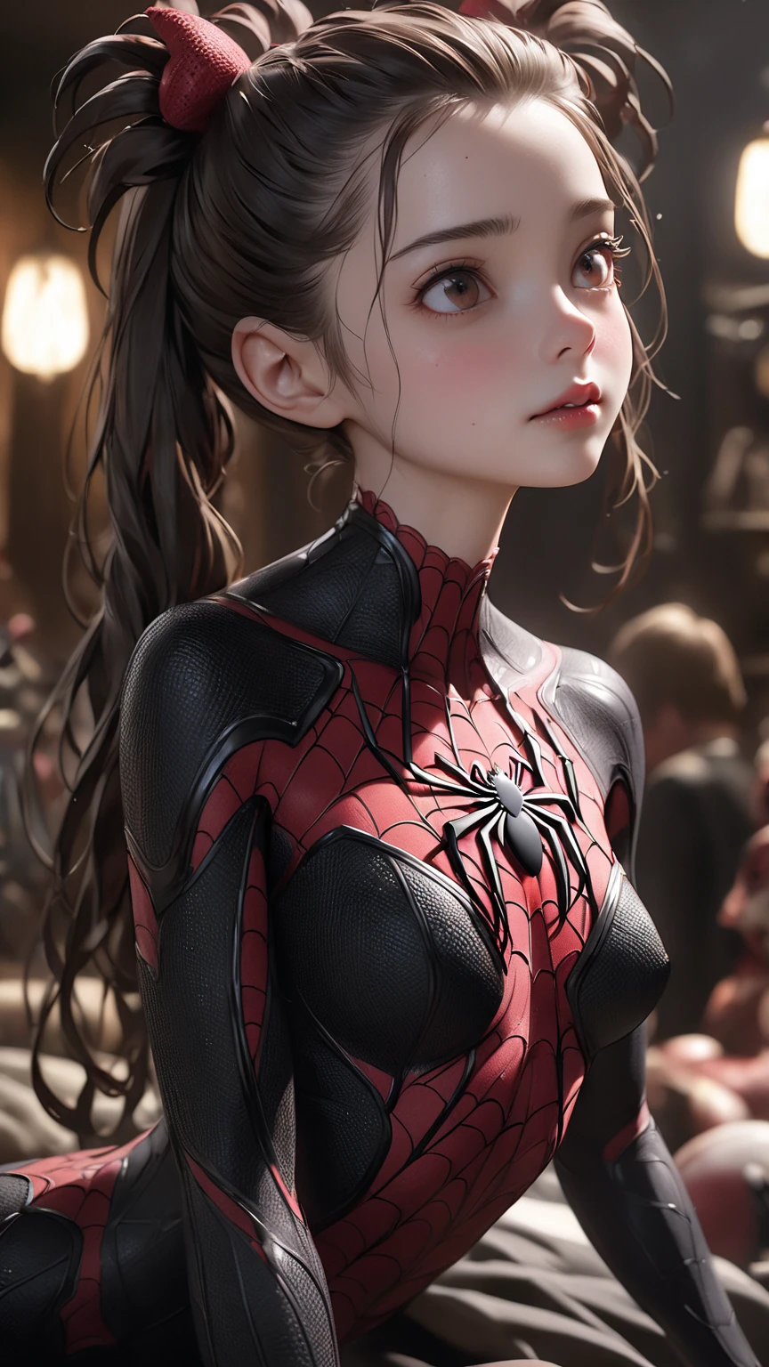 best quality,game cg,1girl, masterpiece, best quality, 8k, detailed skin texture, detailed cloth texture, beautiful detailed face, intricate details, ultra detailed, audrey hepburn, Spider-Man uniform, straight red hair, (Half body:1.2)