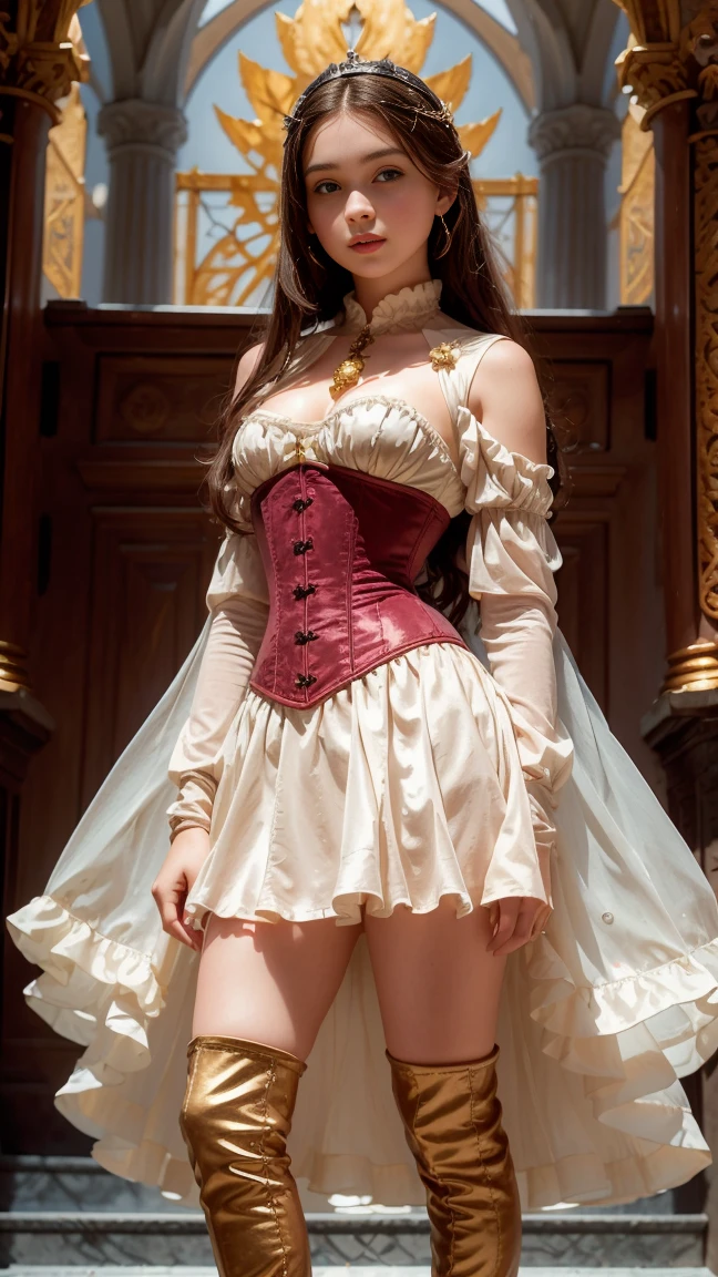 Masterpiece, best quality female, (French), (small breast), (very long curly orage volumetric hair:1.33), (white crinoline inside with orange corset outside:1.33), (long orange skirt:1.33), flat headband, (detailed beautiful hazel eyes:1.33), detailed blush smiling face, slim body, perfect anatomy, very cute, dynamic pose, showing some leg, perfect shading, dramatic lighting, rendered in 8K resolution for high-quality detail, trending on art station, concept art, smooth, sharp focus, in a saloon, highly detailed, soft natural volumetric, cinematic perfect light, intricate details, Ultra-high-speed photography, realistic hands. [The character is surrounded by mist, evoking a mysterious and eerie atmosphere. The lighting is dark and atmospheric, with smoke adding a touch of sinister ambiance. Best quality image, HDR enhancement, showcasing the utmost level of detail and realism, full body shot:1.5]. [8K, Best Quality, Ultra High Resolution, (highly detailed CG unity 8k wallpaper), (best photo), (best shadows), isometric 3D, octane rendering, ray tracing, highly detailed, (Best quality, 4K, 8k:1.2), absurdity, ultra detailed, (realistic, photorealistic, photorealistic:1.37), complex parts, HDR, (complex parts:1.12), (hyper detailed, hyper realistic, Soft lighting, spicy:1.2), (complex parts, Hyper detailed:1.15). Blurred foreground. (backlit), masterpiece, high quality, brightness, chromatic aberration, foggy smoke, shadows, contrast, clear sky, (warm hue, warm tone), high details, natural reflections]. (YES SFW), transparent dress, WhiteWetWear