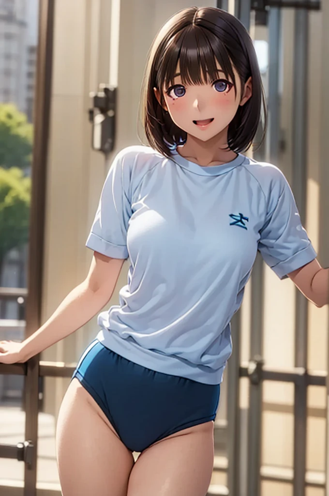 masterpiece, best quality, highres, aanene, short hair, buruma,gym uniform, standing, cowboy shot, outdoors, smile