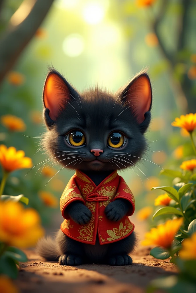 Yellow Flower Jungle , black kitten wearing Chinese clothes,Sunburn ,With a happy smile and round eyes