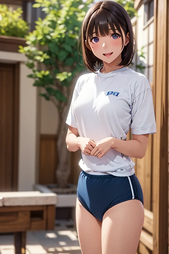 (Raw photography:1.2)、(photoRealstic:1.4)、(masuter piece:1.3)、(top-quality:1.4)、超A high resolution、nffsw、8K分辨率、dream-like、Check Commentary、Commentary Request、landscapes、((without text) )、solofocus、(full body Esbian)、(eye detailed)、(facial features details)、(The specifics of the features of clothing)、skintight、(shinny skin)、(Slender girl)、(Slim Girl)、(1 girl in、独奏) 、VirtualGirl-Rin、Happy、A smile、Soft milk、soft and big buttocks、bangss、bobhair、short-hair、Brown hair、Brown eyes、Black Choker、college aged、hi-school girl、White short-sleeved gym clothes、white gym uniform、Dark blue low-leg bloomers that dig into the buttocks、espadrilles、White High Socks、Bulma sticking out butt、Look here with a sideways glance、