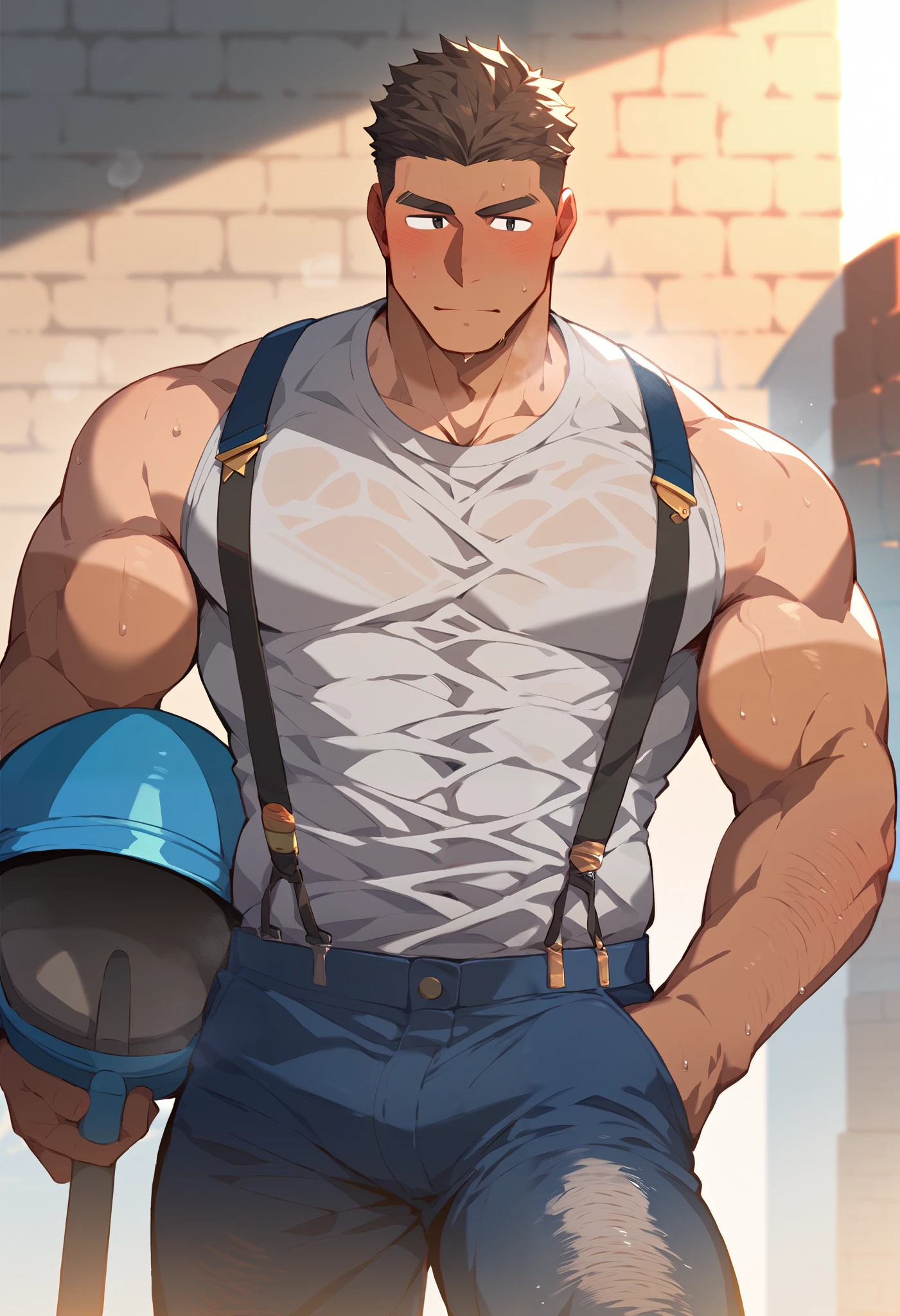 Only bad , handsome, Muscular, tan line, brown hair , Blusher , black eye, Crew cut, construction site, soaked gray sleeveless shirt, sweaty, jeans, suspenders, I'm wearing a safety helmet, Carrying a shovel , Steaming , underarm hair, Leg hair , huge erected under clothes, very , Outdoor, Sand and bricks are piled up, masterpiece, VERY DETAILED , Exquisite details , detailed background