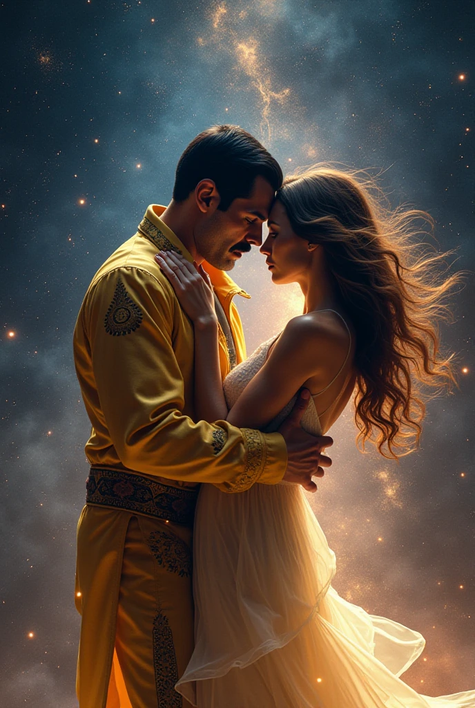 In a celestial dreamland landscape, people dressed luxuous, differents faces, they are all brown skin, (((in 40's))) (((two brown skin caucasian men and one Latina skin brunettehair:1.7 woman))), (((two brown skin caucasian long brown hair prine:1.3))), (((one Latina skin brunettehair1.5 woman))) trying to kill him with powers, dangerous scene, war, battle, luminuous stars, chaos, fire, destrctions, 8K, extremely detailed, high quality, (photorealistic:1.37), Full body, vibrant colors, perfect lighting, soulful expressions, celestial aura, majestic presence, dreamlike atmosphere, 8 k artistic photography, photorealistic concept art, soft natural volumetric cinematic perfect
