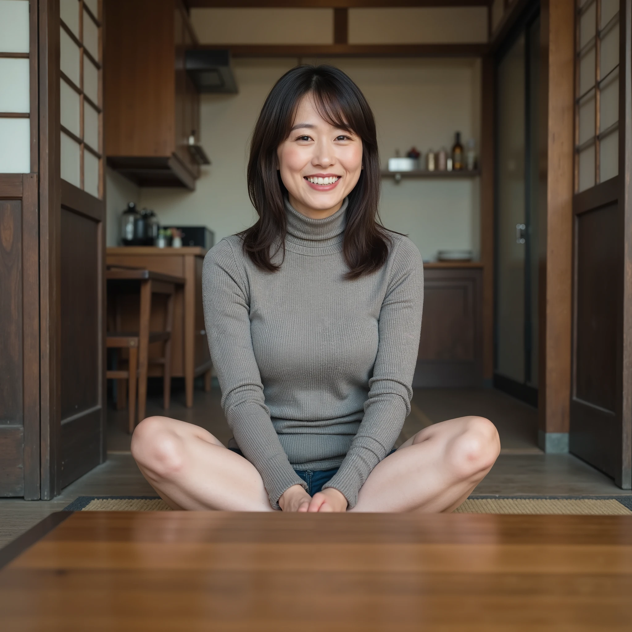 『 1 Japanese girl:1.3』『 real photos:1.3』 best quality :1.2、(( big breasts))、 and see a little bit of cleavage 、(( middle-aged woman with wrinkles ))、(( have red cheeks ))『 smiling with her teeth :1.9』、((( anatomically correct、 Perfect Anatomy、 anatomically correct指)))、 realistic, best quality , 超 high resolution, RAW photo, ( slender turtleneck sweater、)Plain Skirt、( best quality 、8k、 high resolution、 photorealistic)、Japanese-style apartment 、Tatami floor、Japanese kitchen 、 don't wear makeup at all、 hair is unkempt、背後には木造に鉄板の貼られた昭Japanese kitchen が見えている、Overall it's a little dirty 、wooden dingy window 、Low table、Japanese Showa Retro、Low tableの前に女の子座りをしている、 don't wear shoes 、poor