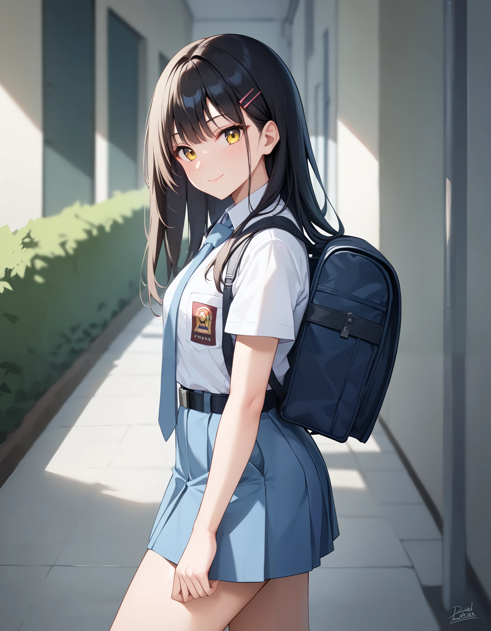 Masterpiece, hd, best quality, closed mouth, light smile, light blush, long hair, bangs, black hair, yellow eyes, Indonesia high school uniform, wearing white collared shirt, short sleeves, light blue skirt, pleated skirt, light blue neck tie, pocket, school logo on pocket, wearing black belt, wearing school backpack, outdoor, smile, standing, cowboy shot, from side, side view