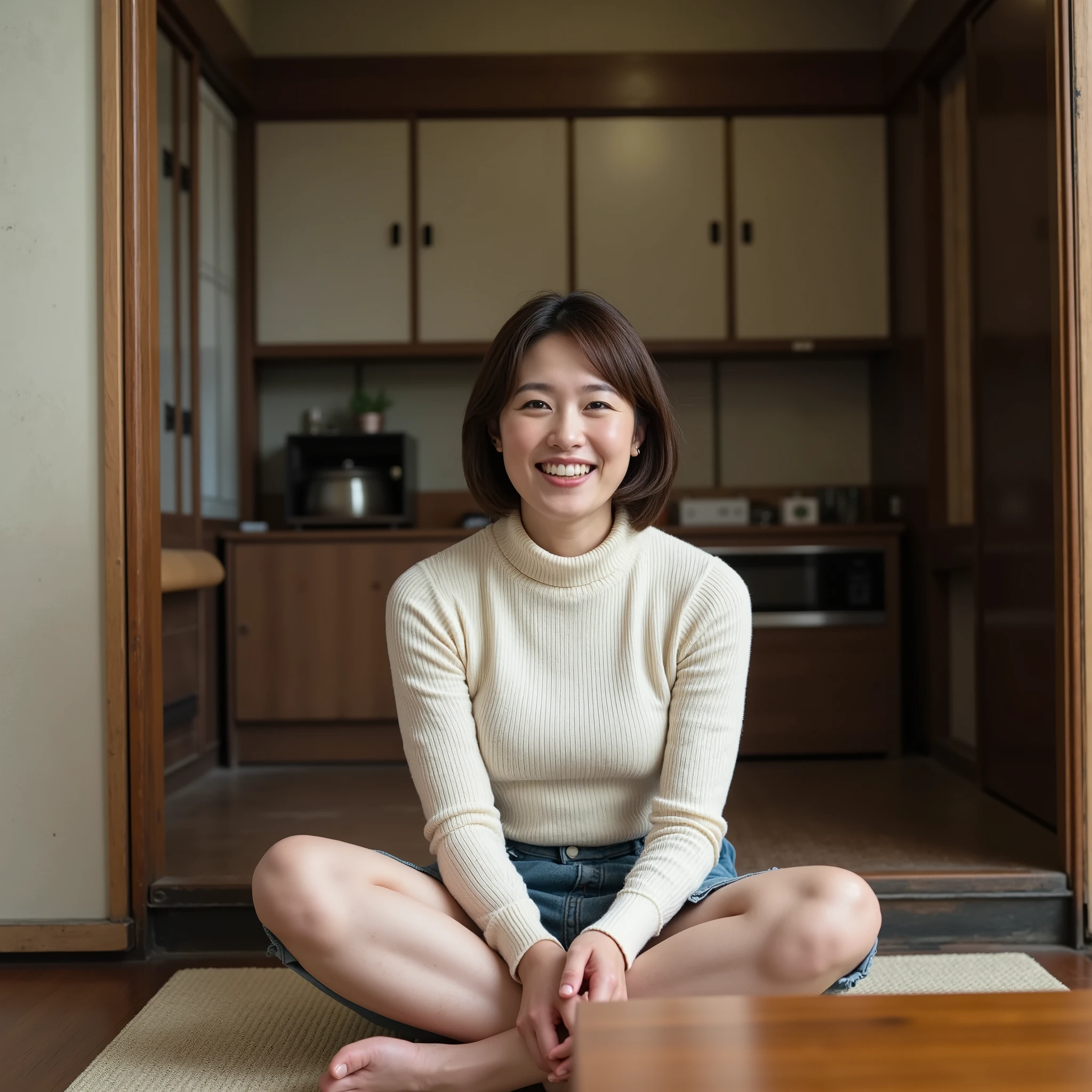 『 1 Japanese girl:1.3』『 real photos:1.3』 best quality :1.2、(( big breasts))、 and see a little bit of cleavage 、(( middle-aged woman with wrinkles ))、(( have red cheeks ))『 smiling with her teeth :1.9』、((( anatomically correct、 Perfect Anatomy、 anatomically correct指)))、 realistic, best quality , 超 high resolution, RAW photo, ( slender turtleneck sweater、)Plain Skirt、( best quality 、8k、 high resolution、 photorealistic)、Japanese-style apartment 、Tatami floor、Japanese kitchen 、 don't wear makeup at all、 hair is unkempt、背後には木造に鉄板の貼られた昭Japanese kitchen が見えている、Overall it's a little dirty 、wooden dingy window 、Low table、Japanese Showa Retro、Low tableの前に女の子座りをしている、 don't wear shoes 、poor