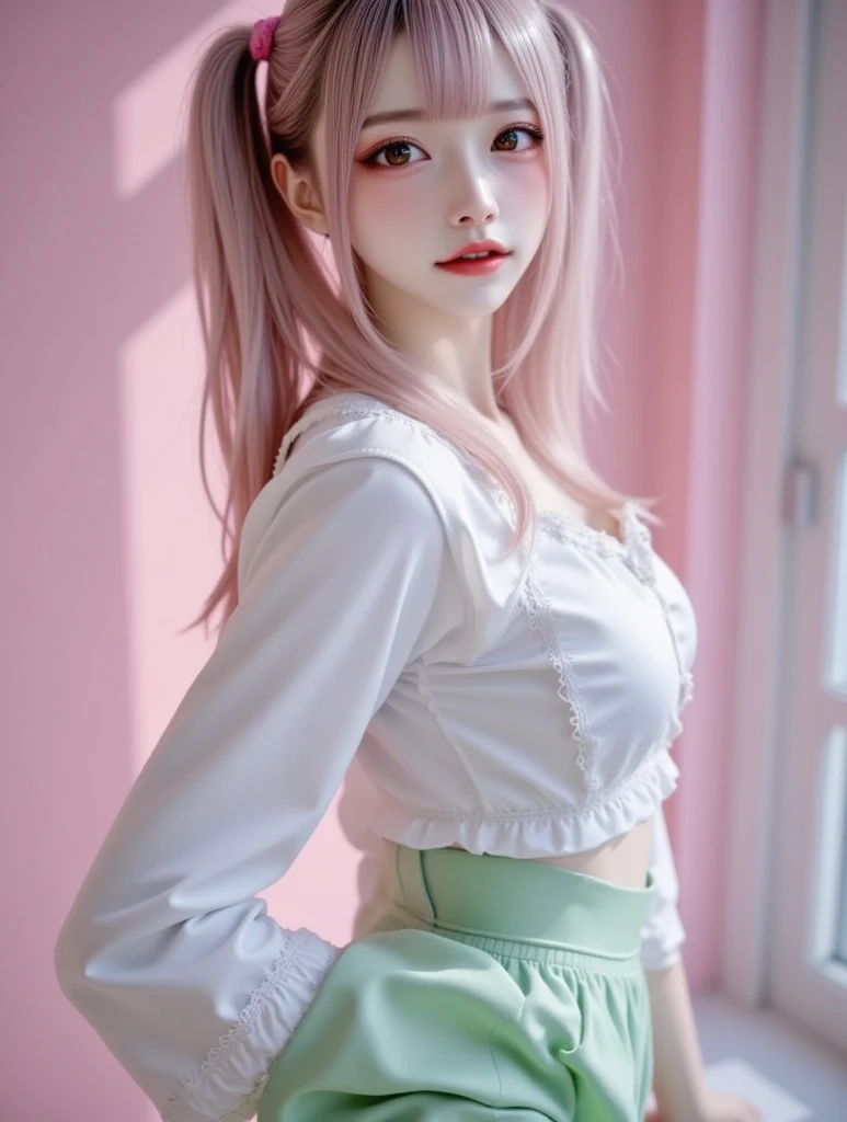 ((high quality)), ((anime style)), 22 year old girl with silver hair and violet eyes, skin with a very light porcelain tone, almost translucent, as if the light passed through his cheeks. with medium sized breasts covered with a short passion red blouse, with a tempting neckline and a delicate lace bow right in the center that shows a little of her abdomen, combined with a black leather skirt that reaches just above the knee.