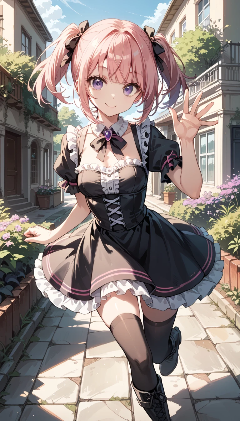 masterpiece, best quality, highres, ram1, 1girl, solo, standing, focus on her ass, back to the viewer, walking up stairs, ram \(re:zero\), pink hair, white thighhighs, short hair, red eyes, hair over one eye, ribbon trim, hair ribbon, x hair ornament, frills, maid headdress, waist apron, garter straps, black ribbon, small breasts, huge ass, huge thighs, narrow waist, wide hips, thick thighs, long sleeves, white apron, neck ribbon, purple ribbon, wide sleeves, hair flower, skirt that only covers the front, showing underwear, blushing,sweating, (breathing hard), (panting), anime, smile, outdoors, (masterpiece:1.2), highres, best quality, 8k, very clear,