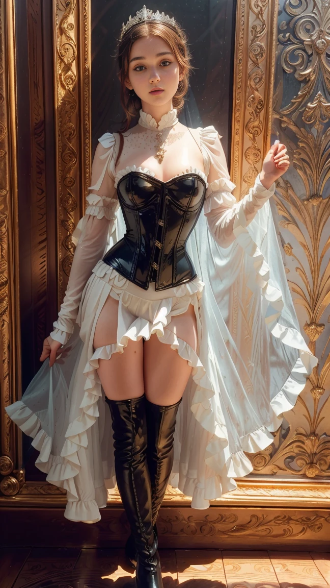 artstation, digital painting, fine details, realistic shaded, 20 age beautiful danish woman, detailed face, detailed eyes, beautiful medium hair, (medium round breasts:1.1), slim body, fit body, full body shot, (wearing white victorian ghotic dress, stockings, boots:1.1), (stripclub:1.1), sitting seductive at the middle of the stage