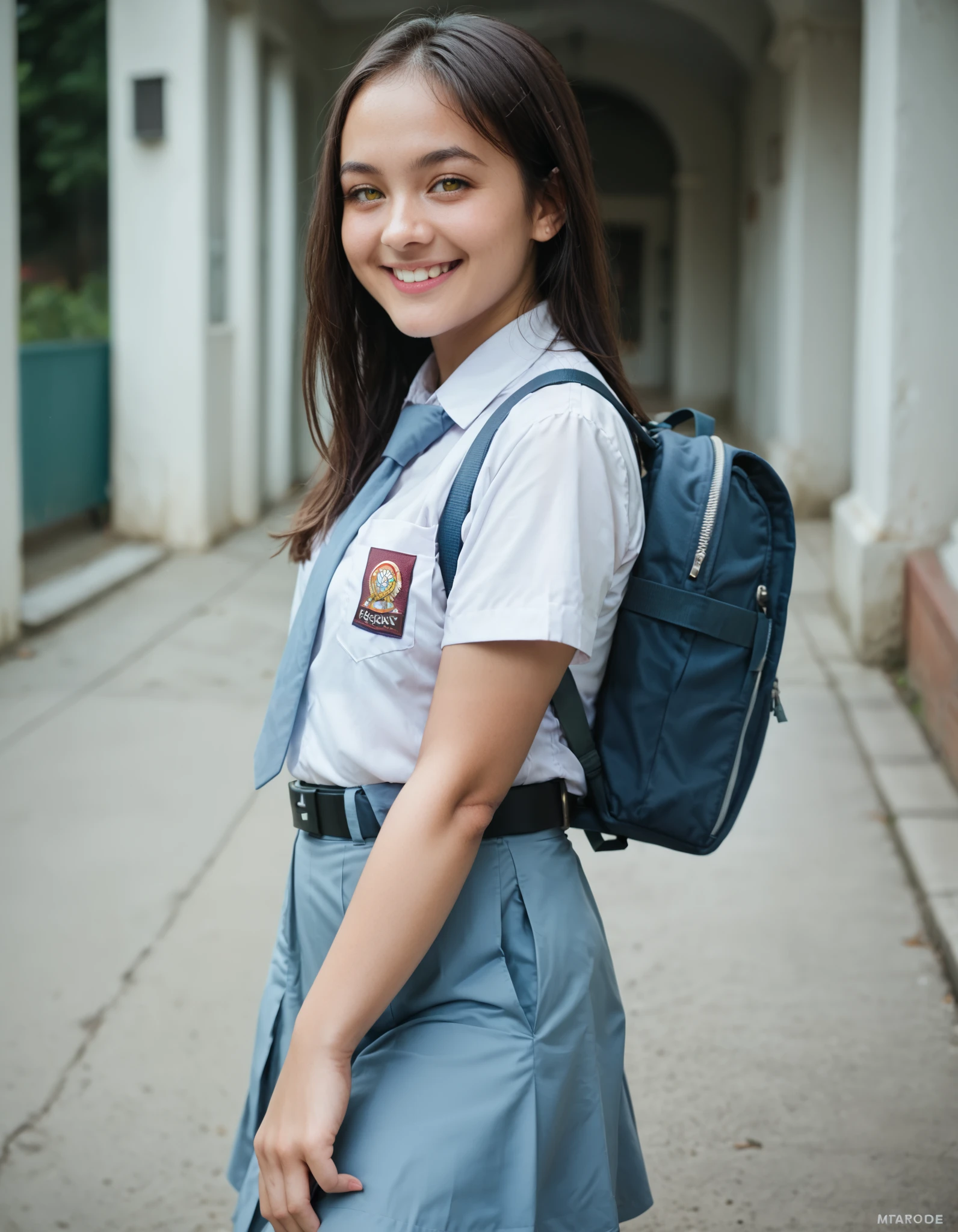 Masterpiece, hd, realistic, best quality, closed mouth, light smile, light blush, long hair, bangs, black hair, yellow eyes, Indonesia high school uniform, wearing white collared shirt, short sleeves, light blue skirt, pleated skirt, light blue neck tie, pocket, school logo on pocket, wearing black belt, wearing school backpack, outdoor, smile, standing, cowboy shot, from side, side view
