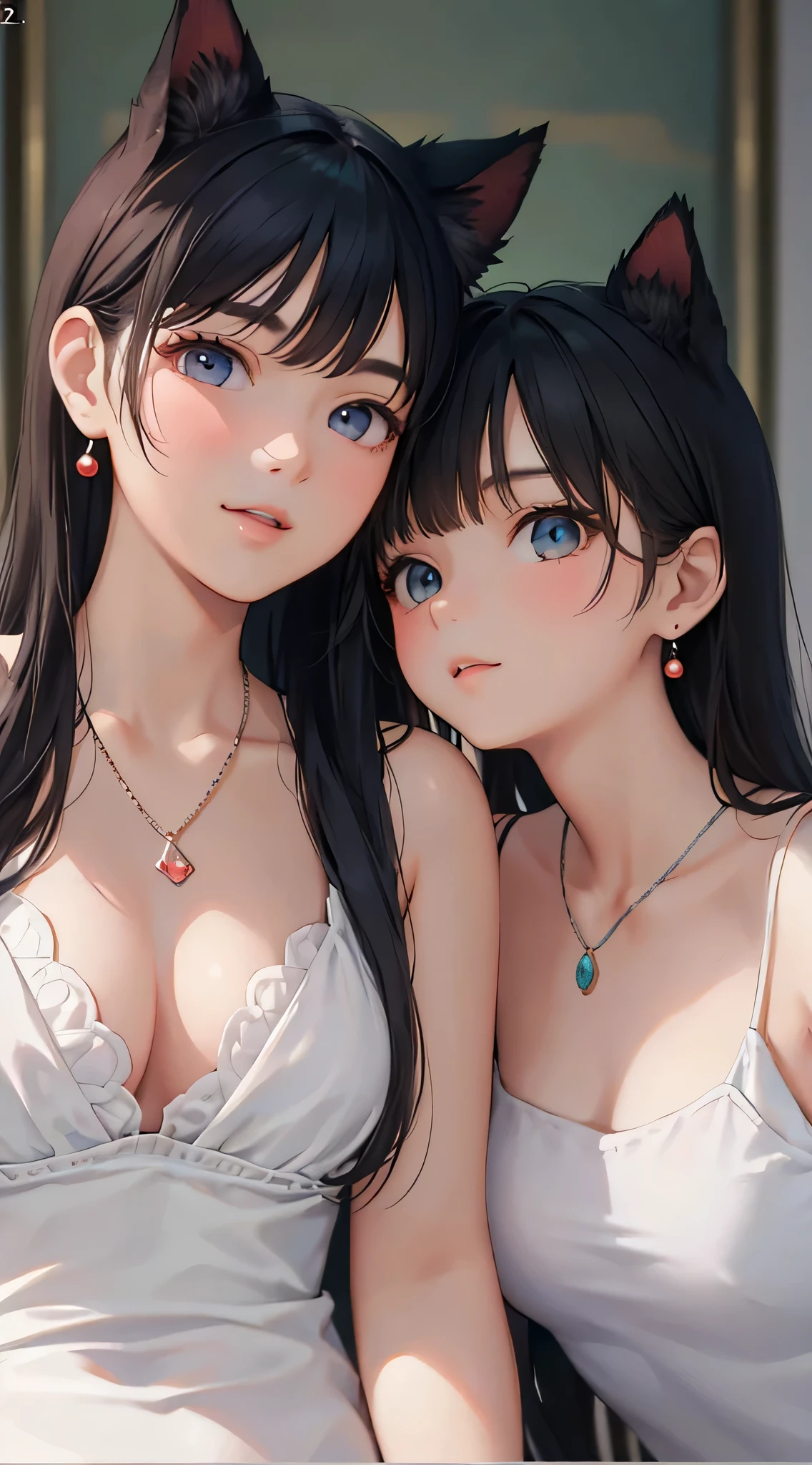 2 heads, 2 heads and three breasts, solo, close-up, pose, outside, double cleavage