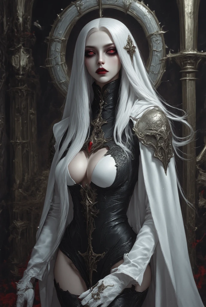 Crazy detailed photos of gorgeous vampire aliens, of a real, Long white hair, complicated eye roll, like a dream, Ethereal, ultra - detailed的, 32K resolution, 动态照明, Cover the navel, ultra - detailed, intricately details, Hot topics on artstation, white luxury suit, Volumetriclighting, BalenciagaStyle