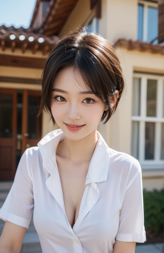 ((masterpiece)), ((Highest quality)), ((Complex)), ((Surreal)), (Realistic), (Mature Woman), ((There are no classes)), Very detailed, (1 female), Beautiful and exquisite, (Beautiful Teeth), Grin, Brunette Bob Hair, Brown eyes, ((blouse)), (Upper Body), (background:none), Perfect Eyes, Captivating eyes, Looking at the audience