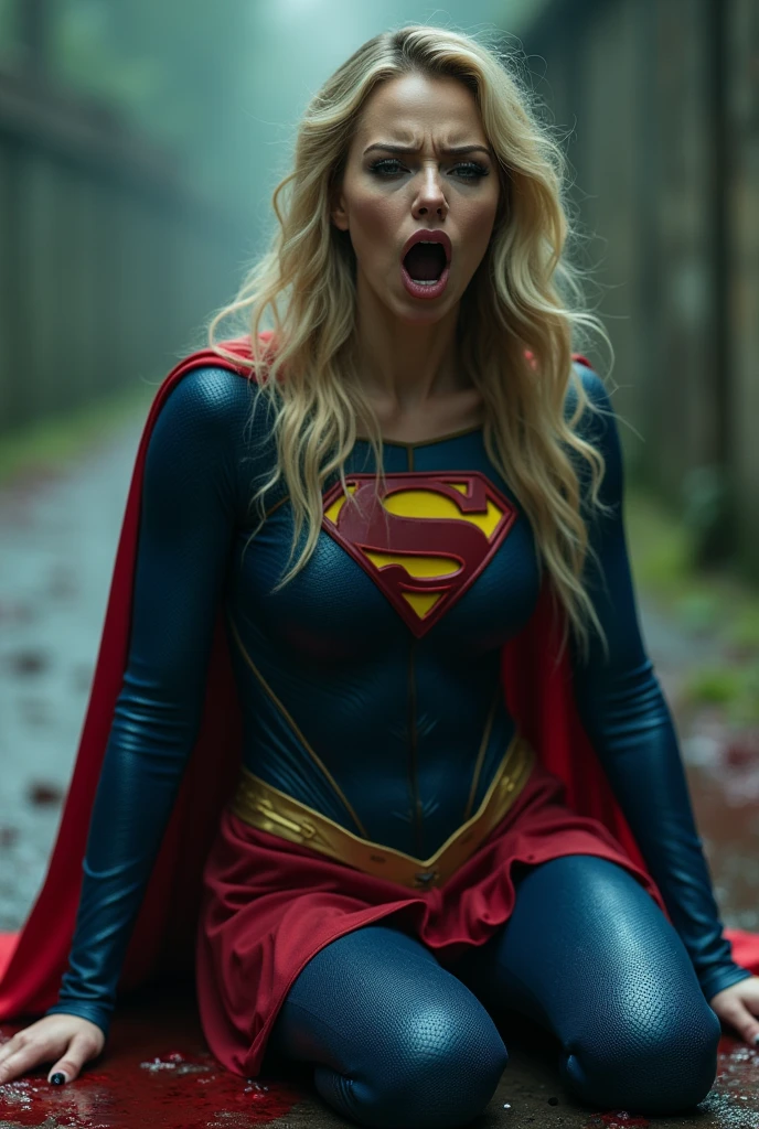 A beautiful blonde woman Adriana Lima wearing a blue leather jumpsuit combined with black gloves and red leather boots with the Superman Man Of Steel Movie emblem on her chest, kneeling, screaming exhausted after a battle, blood around her, skulls and lots of blood, hair pulled back in a ponytail, reflection of her in her blood, Dc universe logo in the background