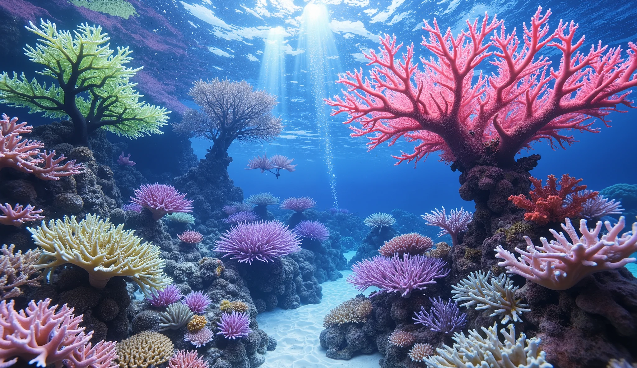 (In the water), Undersea heaven ,((very many fluorescent green giant table corals)),((A coral with lots of red and purple branches that look like a giant tree stands tall in the center)),(( coral reefs with dense hard corals and soft corals )),Realistic Expression , shot with a fisheye lens  ,(( Multiple Fluorescent Green Corals )), (( are filled with 10,000 natural coral groups with lots of extremely colorful colors)),  array of vibrant colors ) , ( best quality , high resolution:1.2), (In the water photography), ( lively), (  soft diffused lighting  ), Orchestra of Highly Coloured Corals, Vast Seas ,Coral Reef,
