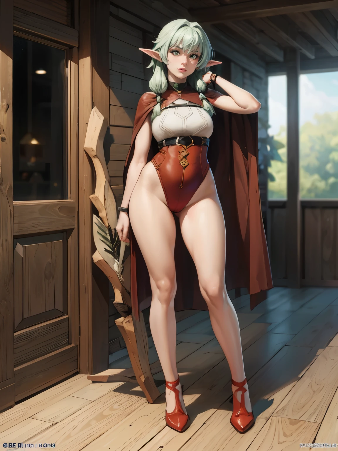 ((masterpiece)), (best quality),, official art, extremely detailed CG unity 8k wallpaper, highly detailed, shiny skin, Depth of field, vivid color,, 1girl, (curvy:1.0), (full body:0.8), portrait sophie mudd, casual pose, gorgeous young model, cute young woman, a beautiful -aged girl, very pretty model, young , cute young girl, beautiful young girl, beautiful model, long light green hair, young and cute girl, girl, High Elf Archer, Goblin slayer anime, High Elf Archer from anime, anime, wearing brown cape, holding BOW in her hand, bow is on her back, stack of arrows, archer, shy, short, full body view, single person, only single person in image, fullbody view
