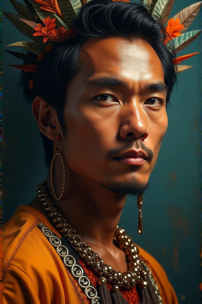 kor: 25 years old Height: 1,89 Physical constitution: Scrawny, but with defined muscles Skin color: Brunetette, with indigenous traits, smooth skin Eyes: black eyes, expressive and captivating Hair: black hair, straight and short of the 20th century.
fleshy and red mouth, beautiful smile.
indigenous clothing.
Masterpiece, 8k, painting-like, photo by full body, handsome man.