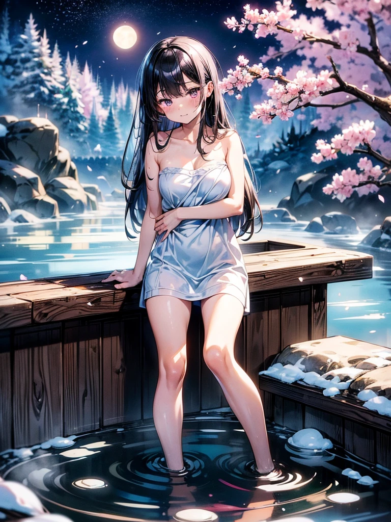 top-quality、extremely delicate and beautiful、Soio、Soio、8--old l、japanes、Lori、Chiquita、noble、elementary stu、((Pink leotard))、（highleg）、Tiara on the head、A smile、is standing、Facing the front、hot spring with snow background、Bathing