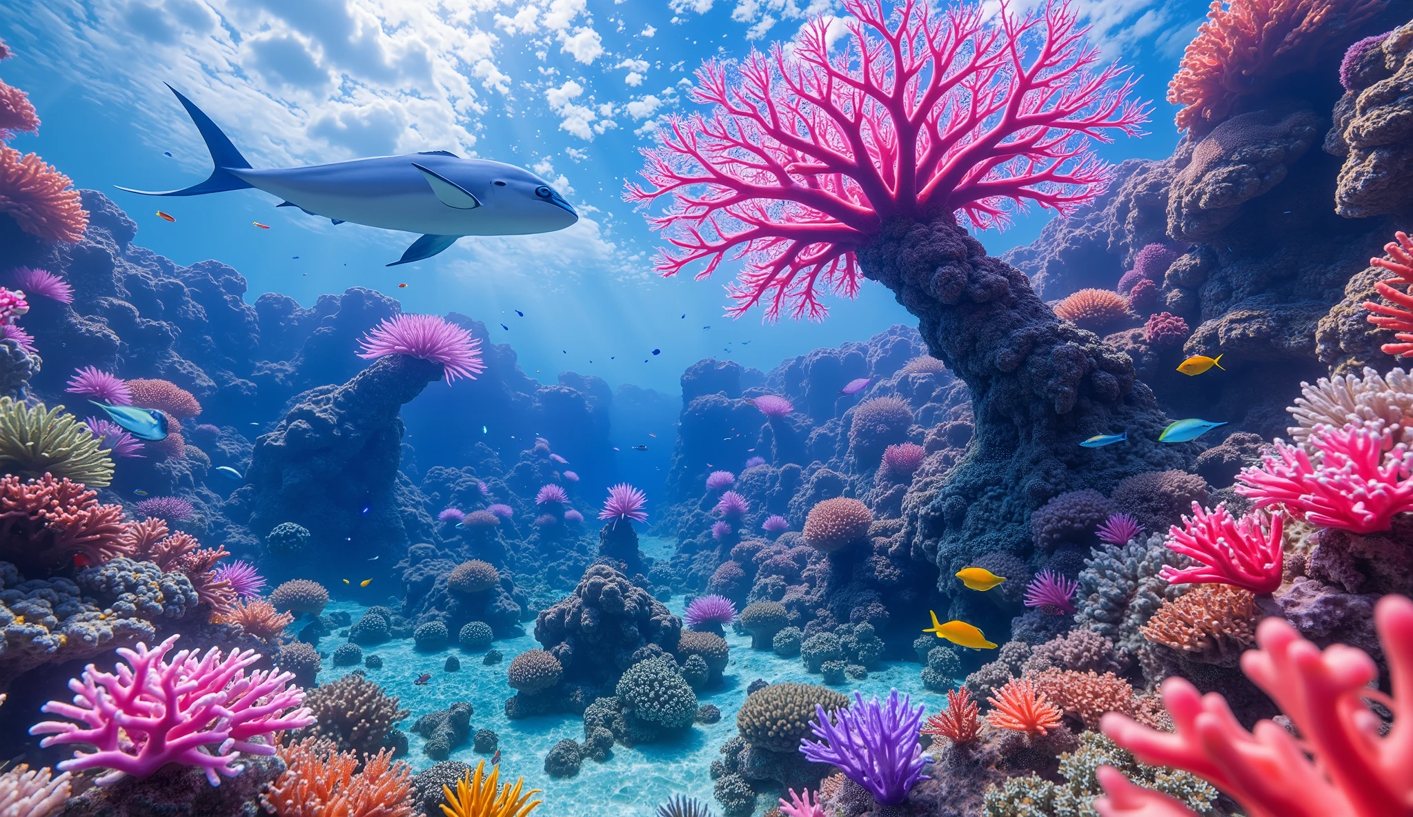 (In the water), Undersea heaven ,((A coral with lots of red and purple branches that look like a giant tree stands tall in the center)),(( coral reefs with dense hard corals and soft corals )),Realistic Expression , shot with a fisheye lens  ,(( Multiple Fluorescent Green Corals )), (( are filled with 10,000 natural coral groups with lots of extremely colorful colors)), (Lots of butterfish are swimming ),(( lots of green and blue soft corals that emit fluorescent colors )), crystal clear water, , strong sunshine ,Vast coral reefs ,Detailed seaweed ,( lots of colorful tropical fish), large blue tropical fish , myriad cobalt sparrows , seahorses, lots of psychedelic starfish on the seabed , life,  lively colors, Serene atmosphere, Quiet, Swaying seaweed ,  array of vibrant colors ) , ( best quality , high resolution:1.2), (In the water photography), ( lively), (  soft diffused lighting  ), Orchestra of Highly Coloured Corals, Vast Seas ,Coral Reef,
