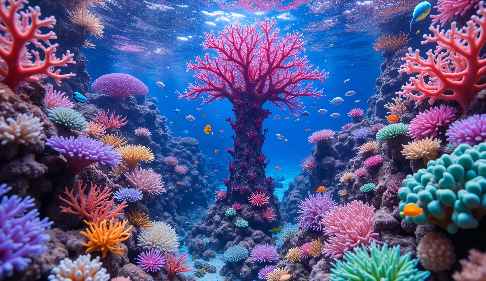 (In the water), Undersea heaven ,((A coral with lots of red and purple branches that look like a giant tree stands tall in the center)),(( coral reefs with dense hard corals and soft corals )),Realistic Expression , shot with a fisheye lens  ,(( Multiple Fluorescent Green Corals )), (( are filled with 10,000 natural coral groups with lots of extremely colorful colors)), (Lots of butterfish are swimming ),(( lots of green and blue soft corals that emit fluorescent colors )), crystal clear water, , strong sunshine ,Vast coral reefs ,Detailed seaweed ,( lots of colorful tropical fish), large blue tropical fish , myriad cobalt sparrows , seahorses, lots of psychedelic starfish on the seabed , life,  lively colors, Serene atmosphere, Quiet, Swaying seaweed ,  array of vibrant colors ) , ( best quality , high resolution:1.2), (In the water photography), ( lively), (  soft diffused lighting  ), Orchestra of Highly Coloured Corals, Vast Seas ,Coral Reef,
