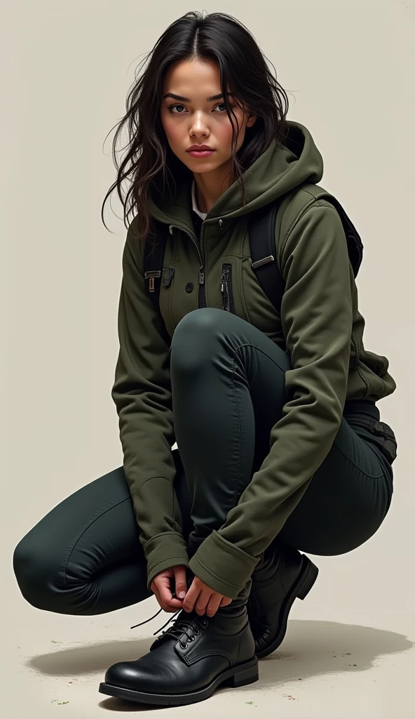 A woman in a forest with brown hair, Brown eyes, bien flaca, realista, cabello en forma de hongo, a tactical brown sweatshirt, rasgos chilenos, piel morena