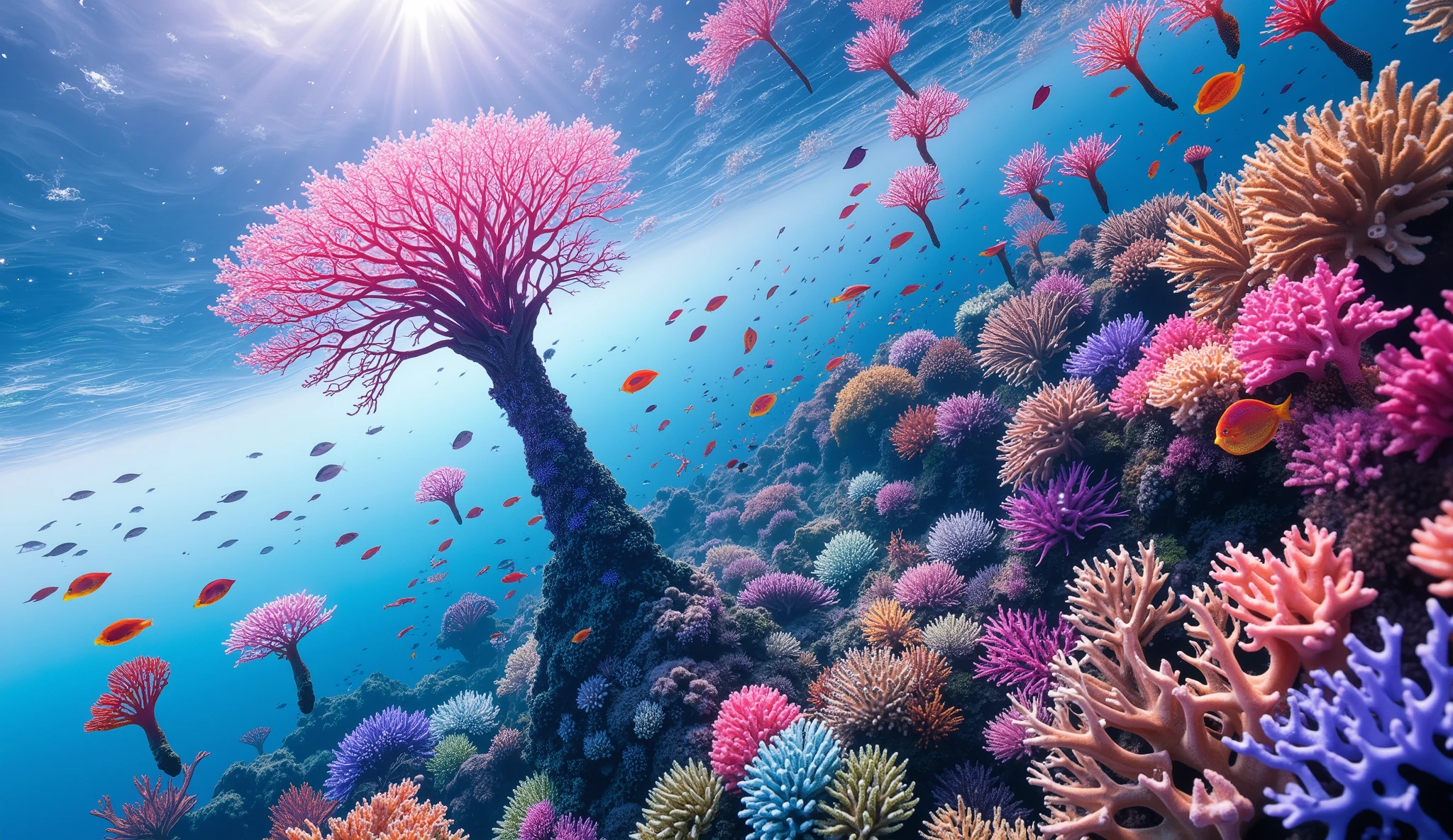 (In the water), Undersea heaven ,((A coral with lots of red and purple branches that look like a giant tree stands tall in the center)),(( coral reefs with dense hard corals and soft corals )),Realistic Expression , shot with a fisheye lens ,(( Multiple Fluorescent Green Corals )), (( are filled with 10,000 natural coral groups with lots of extremely colorful colors)), (Lots of butterfish are swimming ),(( lots of green and blue soft corals that emit fluorescent colors )), crystal clear water, , strong sunshine ,Vast coral reefs ,Detailed seaweed ,( lots of colorful tropical fish), large blue tropical fish , myriad cobalt sparrows , seahorses, lots of psychedelic starfish on the seabed , life, lively colors, Serene atmosphere, Quiet, Swaying seaweed , array of vibrant colors ) , ( best quality , high resolution:1.2), (In the water photography), ( lively), ( soft diffused lighting ), Orchestra of Highly Coloured Corals, Vast Seas ,Coral Reef,