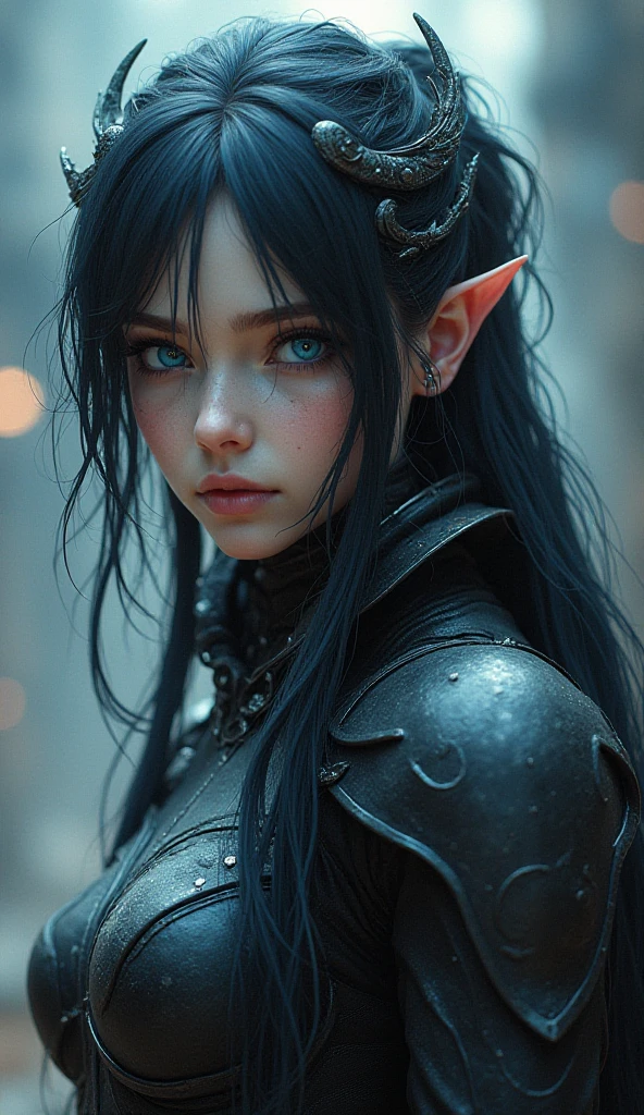Fantasy Character, mature elf woman, with a frightening expression, with shoulder length black hair and dark purple eyes. fair skin with freckles. scar on left eye. Medieval era anime style. In swordsman's clothes