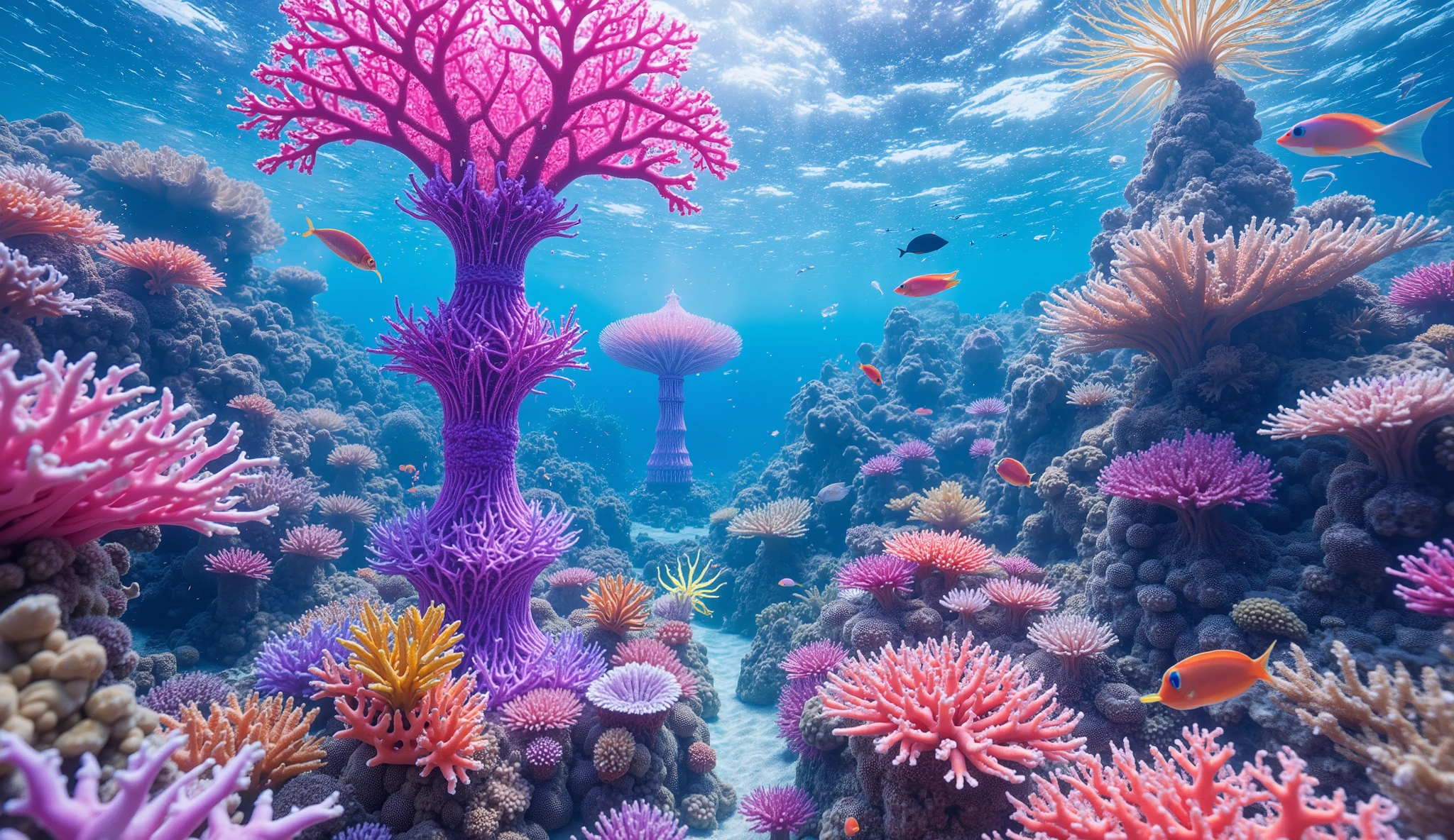 (In the water), Undersea heaven ,((A coral with lots of red and purple branches that look like a giant tree stands tall in the center)),(( coral reefs with dense hard corals and soft corals )),Realistic Expression , shot with a fisheye lens  ,(( Multiple Fluorescent Green Corals )), (( are filled with 10,000 natural coral groups with lots of extremely colorful colors)), (Lots of butterfish are swimming ),(( lots of green and blue soft corals that emit fluorescent colors )), crystal clear water, , strong sunshine ,Vast coral reefs ,Detailed seaweed ,( lots of colorful tropical fish), large blue tropical fish , myriad cobalt sparrows , seahorses, lots of psychedelic starfish on the seabed , life,  lively colors, Serene atmosphere, Quiet, Swaying seaweed ,  array of vibrant colors ) , ( best quality , high resolution:1.2), (In the water photography), ( lively), (  soft diffused lighting  ), Orchestra of Highly Coloured Corals, Vast Seas ,Coral Reef,